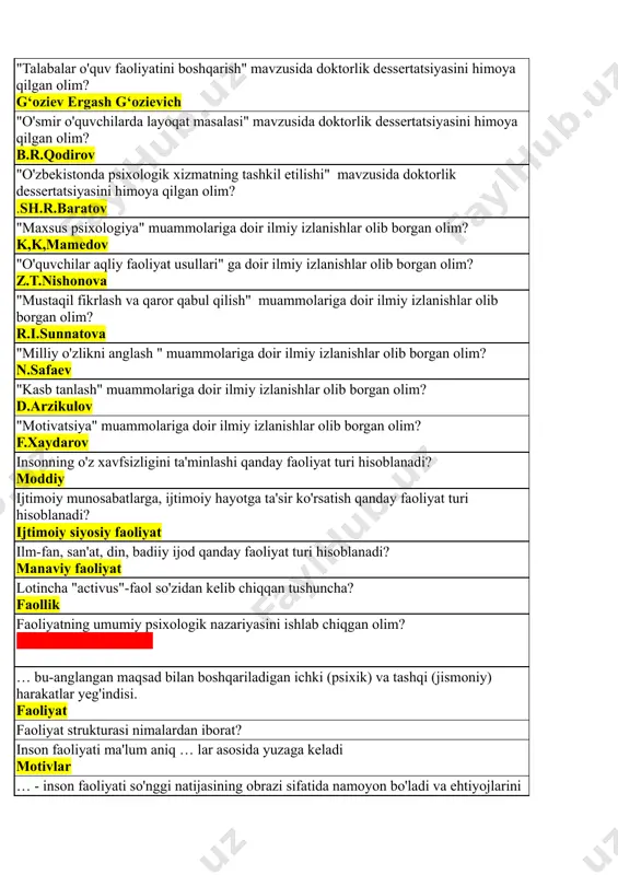 krlash va qaror qabul qilish" muammolariga doir ilmiy izlanishlar olib borgan olim? r.i.sunnatova "milliy o'zlikni anglash " muammolariga doir ilmiy izlanishlar olib borgan olim? n.safaev "kasb tanlash" muammolariga doir ilmiy izlanishlar olib borgan olim? d.arzikulov "motivatsiya" muammolariga doir ilmiy izlanishlar olib borgan olim? f.xaydarov insonning o'z xavfsizligini ta'minlashi qanday faoliyat turi hisoblanadi? moddiy ijtimoiy munosabatlarga, ijtimoiy hayotga ta'sir ko'rsatish qanday faoliyat turi hisoblanadi? ijtimoiy siyosiy faoliyat ilm-fan, san'at, din, badiiy ijod qanday faoliyat turi hisoblanadi? manaviy faoliyat lotincha "activus"-faol so'zidan kelib chiqqan tushuncha? faollik faoliyatning umumiy psixologik nazariyasini ishlab chiqgan olim? ?hhhhhhhhhhhhhhhh … bu-anglangan maqsad bilan boshqariladigan ichki (psixik) va tashqi (jismoniy) harakatlar yeg'indisi. faoliyat faoliyat strukturasi nimalardan iborat? inson faoliyati ma'lum aniq … lar asosida yuzaga keladi motivlar … - inson faoliyati so'nggi natijasining obrazi sifatida namoyon bo'ladi va ehtiyojlarini amalga oshiradi maqsad …- kishini faoliyatga undaydi va unga mazmun baxsh etadi motiv odamdagi maqsadga muvofiq harakatlarning amalga oshirilishi …