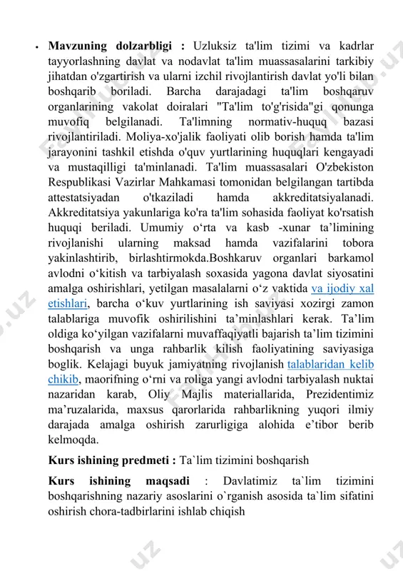 ssasasini boshqarish aslida murakkab jarayon hisoblanadi. muammolarni yechimini quyidaga fikrlar bilan yechish mumkin: - boshqaruvning tarkibiy qisimlari, maqsad va vazifalarini tog’ri tanlash; - bugungi kunga qadar erishilgan yutuqlarni o’rganib chiqish va tahlil qilish; - kelgusida qilinadigan ishlarni rejalashtirish; - ta’lim va tarbiya darajasini oshirishning zamonaviy usullarini tashkil qilish; - jamiyatimizda tubdan isloh qilingan ta’lim tizimini yaratish; avvalo boshqaruv ma’lum bir maqsadga qaratilgan bo’lishi kerak. insonning har qanday faoliyatining yo’nalishini, xarakterini uning ko’zlagan maqsadi belgilaydi. maqsad esa huddi qonundek ong ostiga ta’sir qilib, harakatning sifatini va usulini belgilaydi. demak ko’rinib turibdiki boshqarish ham inson faoliyatining o’ziga xos sohasidir. yuqoridagi fikirlarning mohiyati shundaki, boshqarishda maqsadni to’g’ri, aniq belgilash uning natijasining samarador va yuqori bo’lishiga turtki bo’ladi. quyidagi fikirlarga e’tiborni qaratsak: - boshqarish bo’g’inlarida aniq maqsadni belgilash umumiy tizim maqsadini aniqlashga asos bo’ladi; ` 145 «zamonaviy dunyoda ilm-fan va texnologiya» nomli ilmiy-amaliy konferensiya - rahbarning boshqaradigan tizim maqsadini chuqur tushunishi, uni umum jamiyat …