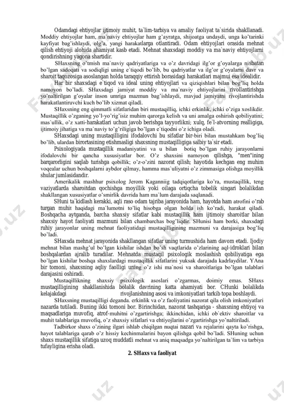 misollar borki, bunday odam bolalari odam singari yurishni ham, gapirishni ham, fikrlashni ham bilmaydilar.ularda insonlikning asosiy belgilari shakllanmaydi va o’smaydi. demak, tirik mavjudot sifatida dunyoga kelgan odam bolasi ijtimoiy muhitdan chetda qolsa, u shaxslik belgilariga ega bo’lmaydi. psixologik tadqiqotlarning isboticha, faqat ijtimoiy muhitda boshqa shaxslar bilan munosabatda bo’lgandagina, odam o’zini shaxs sifatida anglaydi, uning o’zligi paydo bo’ladi va taraqqiy etadi. darhaqiqat, odam o’zini oynaga solganday, boshqa odamlarga razm soladi va buning natijasida o’zini odam deb bila boshlaydi. shunday ekan, shaxsning mohiyatini uning ijtimoiy mavjudotligi, ijtimoiy munosabatlarning yig’indisi tashkil etadi. har bir shaxsning o’zi mansub bo’lgan jamoa a`zolariga nisbatan iqtisodiy, siyosiy, ma`naviy va axloqiy aloqalari o’sha shaxsning ijtimoiy munosabatlari bo’lib, bu munosabatlarning yig’indisi odamning shaxs sifatida shakllanishidagi asosiy omillardir. biz bu o’rinda shaxsning mohiyati muammolariga umumiy psixologik jihatdangina yondashamiz. chunki hozirgi vaqtda shaxsning mohiyatini turli tomondan o’rganuvchi fanlar tizimi mavjud bo’lib, bu fanlarning har qaysisi shaxsning mohiyatini o’z predmeti nuqtai nazaridan …
