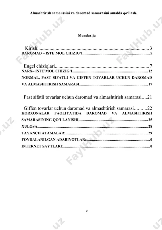 nki iste’mol uchun muhim tovarlar ( un, guruch, yog’, sabzavot mahsulotlari va shu kabilar) iste’molchilar qanday daromad olgan taqdirda ham sotib olinadi. daromadning ortishi ularning miqdorini ko’paytirishi yoki sifatliroq mahsulot turlariga almashtirishi mumkin, lekin daromad kamaygani bilan talab yo’qolib qolmaydi. zeb – ziynat buyumlari, oliy sifatli qimmatbaho tovarlarni sotib olishuchun daromadning ma’lum darajaga yetishi talab qilinadi. prezidentimiz islom karimov 2013 –yil yakunlari va 2014 – yilga belgilangan ustuvor yo’nalishlariga bag’ishlangan ma’ruzasida aholi daromadlari va iste’mol xarajatlariga alohida to’xtalib o’tdi. “2013 – yilda xalqimizning real daromadlari 16 % ga ortdi, o’rtacha oylik, ish haqi, pensiya va stipendiyalar 20,8 % ga ko’paydi. 2013 – yilda 2000 – yilga nisbatan aholimizning iste’mol xarajatlari 9,5 barobar ortganining o’zi ko’p narsadan dalolat beradi. so’nggi paytlarda jon boshiga to’g’ri keladigan eng muhim oziq – ovqat tovarlari bo’yicha iste’mol hajmi muttasil ortib bormoqda, ayni vaqtda nooziq – ovqat mahsulotlarni xarid qilish va xizmatlar uchun to’lanadigan sarf – …