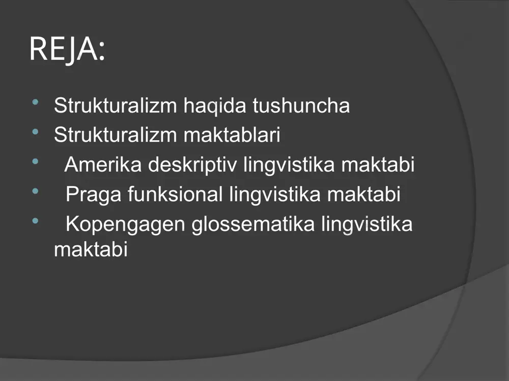 r qilingan “praga lingvistik to‘garagining asarlari”da ifoda qilingan. bu maktab xx asrning 30-yillarida gullab-yashnadi, ammo 40-yillarga kelib, uning faoliyati pasaydi va 1953 yilda tashkiliy jihatdan tarqalib ketdi. biroq ushbu maktabning g‘oyalari jahon lingvistikasiga katta ta’sir qildi va hozirgi kunda ham ta’sir qilib kelmoqda. praga maktabi. uning yetakchi namoyondalari: chex tilshunosi vil’yam matezius (1882-1945), garvard universiteti professori roman osipovich yakobson (1896), rus tilshunosi, slavyanist va fonolog nikolay sergeevich trubeskoy (1890-1938)lar bo‘lganlar. praga struktural maktabining funksional lingvistika deb atalishiga sabab u tildagi har bir elementning o‘z funksiyasi mavjud, deb hisoblaydi. ushbu maktab namoyondalari tilning morfologik tuzilishi, sintagmalar, lingvistik nominatsiyalarni jiddiy o‘rgandilar, sintagmatikani alohida nazariya sifatida ilgari surib, gap bo‘laklarini an’anaviy o‘rganuvchi sintaksisga qarama-qarshi qo‘ydilar o‘zaro mantiqiy munosabatlarda gap bo‘laklarining aktual qismlarga bo‘linishi to‘g‘risidagi mateziusning ta’limoti katta obro‘ga ega bo‘ldi. unga ko’ra agar rasmiy, an’anaviy mantiqiy grammatik bo‘linishdagi asosiy elementlar grammatik ob’ekt va grammatik predikat bo‘lsa,bo‘linishda so‘zning o‘zak va yadrosi o‘zini namoyon qiladi. …