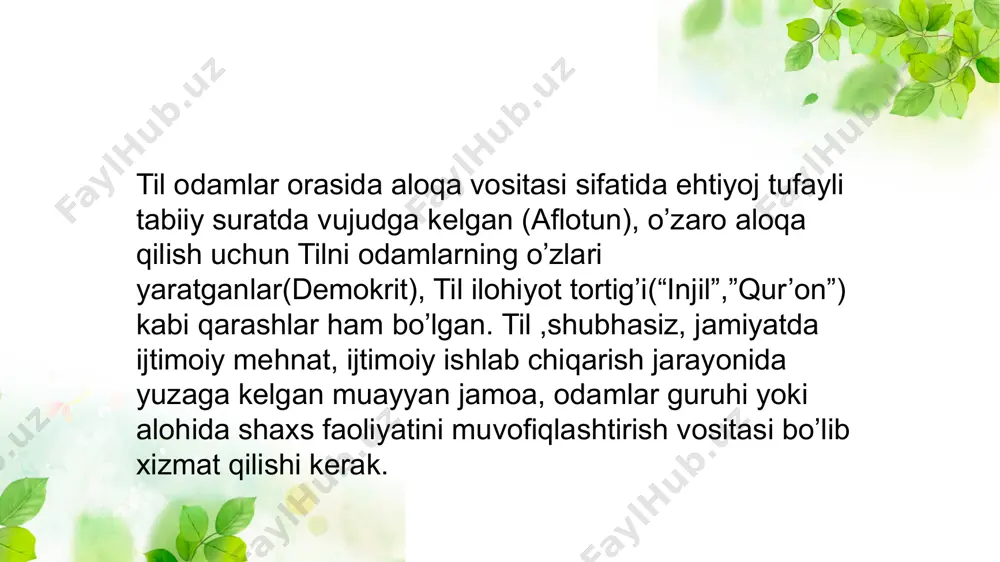ichiga olgan 2020 ― 2030-yillarda o‘zbek tilini rivojlantirish hamda til siyosatini takomillashtirish konsepsiyasi va davlat dasturi loyihalarini kiritsin: mamlakatimiz ijtimoiy hayotining barcha sohalarida, jumladan, davlat boshqaruvi, zamonaviy va innovatsion texnologiyalar, sanoat, bank-moliya tizimi, huquqshunoslik, diplomatiya, harbiy ish, tibbiyot va boshqa sohalarda davlat tilining imkoniyatlaridan to‘liq va to‘g‘ri foydalanishga erishish. davlat tilini rivojlantirish, davlat tili to‘g‘risidagi qonun hujjatlariga rioya etilishi ustidan monitoringni amalga oshirish, ushbu sohada jamoatchilik nazoratining samarali shakllarini joriy etish, davlat organlari va tashkilotlari, jumladan, mahalliy ijro etuvchi hokimiyat organlarining davlat tilini rivojlantirish, davlat tili to‘g‘risidagi qonun hujjatlariga rioya etilishi ustidan davlat nazoratini tashkil qilish bo‘yicha faoliyatini muvofiqlashtirish. davlat tilining xalqaro miqyosdagi o‘rni va nufuzi, uning boshqa tillar bilan aloqalari istiqbollarini belgilash, xorijda istiqomat qiluvchi vatandoshlar va o‘zbek tilini o‘rganish istagida bo‘lgan chet el fuqarolari uchun o‘zbek tili darsliklari va elektron dasturlarni ishlab chiqish va ularni keng miqyosda tarqatish, o‘zbek tilini o‘rgatish bo‘yicha maxsus kurslarni tashkil etish. o‘zbekiston respublikasi …