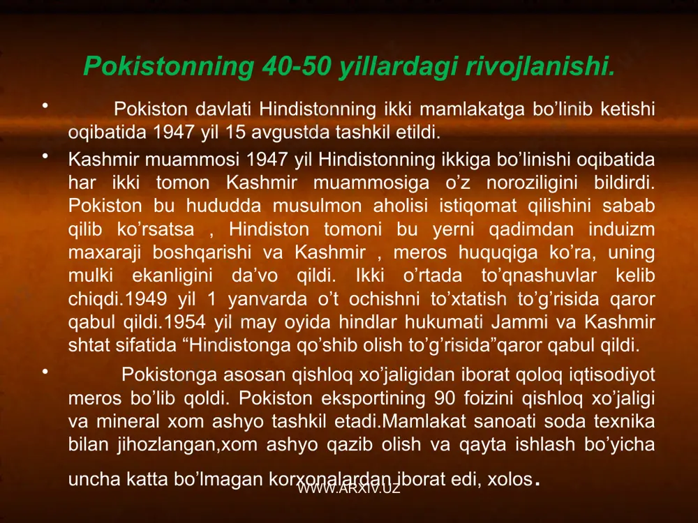 8 yil 17 avgustda gen. ziyoulhaq aviatsiya falokatida halok bo’ldi va senat raisi g’ulom ishoq xon prezidentlik lavozimini egalladi.1988 yil 16 noyabrda umumxalq parlament saylovlari bo’lib o’tdi. www.arxiv.uz b.bxutto www.arxiv.uz 1999 yil mayda pokiston yadro sinovini o’tkazdi.bu ham mamlakat mudofaa qobiliyatini mustahkamlamadi,ammo harbiy pozitsiyasini kuchaytirdi www.arxiv.uz afg’onistonning respublika deb e’lon qilinishi. afg’oniston hududining katta qismini hindiqush va himolay tog’ massivlari va pomirning bir qismi tashkil etadi.foydali qazilmalar deyarli yo’q. mamlakatda 20 mln kishi istiqomat qiladi. shuningdek 60 foizini pushtunlar,15 goizini afg’on turkistoni deb ataluvchi shimoliy hududda yashovchi o’zbeklar va yana shuncha qismini tojikistonga qo’shni badaxshonda istiqomat qiluvchi tojiklar tashkil qiladi. afg’onistonda jami 20 dan ortiq millat vakillari yashaydi. 1933 yilda afg’oniston shohi nodirshoh o’limidan so’ng, uning o’g’li zohirshoh mamlakatning yangi yetakchisi deb e’lon qilindi.uning 40 yillik boshqaruvi davrida mamlakatda deyarli hech qanday o’zgarish yuz bermadi. www.arxiv.uz muhammad dovudxon afg’oniston birinchi prezidenti www.arxiv.uz 1973 yil 17 iyulda mamlakatda harbiy to’ntarish yuz …