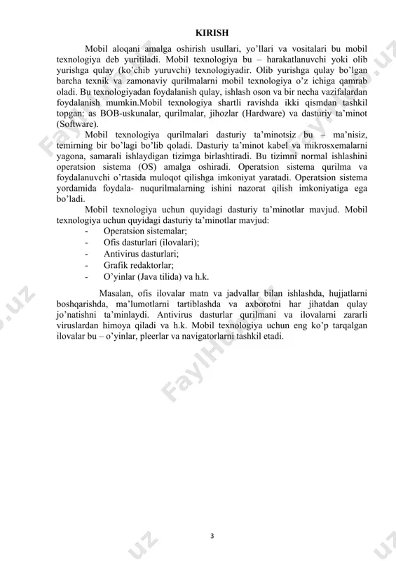 hatto radioeshittirish va televideniedan ham bahramand bo’lish mumkin. smartfon (smartphone) inglizchadan tarjima qilinganda’aqlli telefon’ ma’nosini anglatadi. funksionalligi jihatidan cho’ntak shaxsiy kompyuteriga yaqin bo’lgan mobil telefon. bunda cho’ntak kompyuterining barcha vazifalari mujassamlashgan. iphone – to’rt diapazonli multimediyali smartfonlar lineykasi. iphone o’zida telefonning asosiy vazifalaridan tashqari kommunikator va internet planshetlarining asosiy funksiyalarini ham qamrab olgan. internet planshetlari - bu maxsus mobil qurilma bo’lib, shaxsiy kompyuterning klassik namunasidir. planshetlar (masalan ipad) tashqi ko’rinishi jihatidankompyuterdan butunlay farq qiladi. planshetlar faqatgina ekrandan tashkil topgan bo’lib, boshqa qo’shimcha qurilmalar (sichqoncha, klaviatura) virtual ko’rinishda, ya’ni sensorli tashkil etilgan. planshetlar to’liqligicha mobil aloqa muhiti orqali internet xizmatlaridan foydalanishga va hujjatlar bilan ishlashga ixtisoslashgan. 1.2. mobil qurilmalarning operatsion tizimlari mobil qurilmalar uchun mobil operatsion sistemalar ishlatiladi. mobil operatsion sistemalar–bu mobil qurilmalar (smartfonlar, tabletlar, pda va boshqa mobil qurilmalar)ni boshqarish uchun mo’ljal- langan sistemalar hisoblanadi. mobil operatsion sistemalar ikkita asosiy platforma, ya‘ni ―user-facing dasturiy ta‘minot platformasi va qurilmalarni boshqarish uchun …