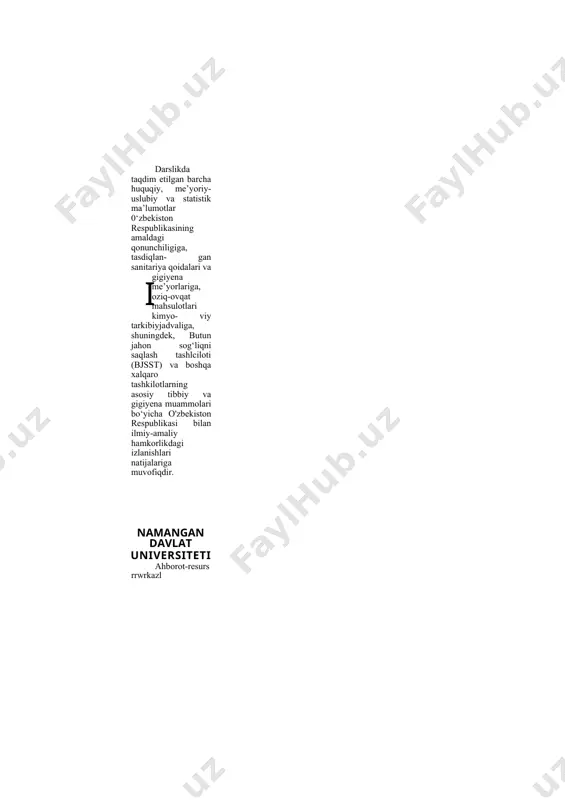 i. ovqatlanish gigiyenasi fiziologiya, biokimyo, toksikologiya, mikrobiologiya, epidemiologiya, ichki kasalliklar, shuningdek, ovqatlanish holatining baho- lanishi, oziq-ovqat huquqiy ko'rsatkichlari va alimentar moslashish, oziq- ovqatlaming ozuqaviy va biologik qiymatini qamrab oluvchi yondoshuvlar va uslubiyatlari sohasidagi ilmiy izlanishlar natijalaridan foydalangan holda fan sifatida rivojlanadi. ovqatlanish gigiyenasi quyidagi ilmiy-amaliy yo‘nalishlari bilan cham- barchas bog‘liq: · 0‘zbekiston ahohsi sog‘lom ovqatlanishi bo‘yicha davlat siyosati asoslarini ishlab chiqish; · ovqatlanishning fiziologik-biokimyoviy asoslari bo‘yicha fundamental izlanishlar; · 0‘zbekiston ahohsi ovqatlanish holatining doimiy monitoringi; · alimentar-bog‘liq kasalliklar profflaktikasini tashkillashtirish; · oziq-ovqat mahsulotlari xavfsizligi muammolari bo‘yicha tadqiqotlar; · noan’anaviy va yangi ozuqa manbalarini baholashga ilmiy-uslubiy yondoshuvlami ishlab chiqish; · bolalar, parhez va profilaktik ovqatlanishning ilmiy asoslari va ama- liyotini ishlab chiqish va takomillashtirish; · zamonaviy ekologik sharoitlarda alimentar moslashuv tizimlarining ilmiy asoslanishi va amaliy tadbiq etilishi; · kasbiy ta’lim va o‘qitish tizimida, shuningdek, aholi o'rtasida ta’lim va tashviqot dasturlarini keng tadbiq etish. sog'lom ovqatlanish bo‘yicha davlat siyosati deganda, turli aholi …