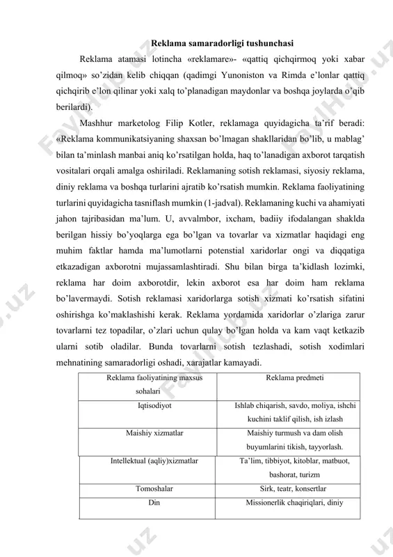konsertlar din missionerlik chaqiriqlari, diniy plakatlar, diniy marosimlarga takliflar siyosat saylovlardagi nomzodlarni tashviq qilish, mitinglar, namoyishlar, manifestastiyalar (ommaviy yurishlar) shiorlari huquqshunoslik yo’qolganlar haqida xabarlar, jinoyatchilarni qidirish, sud jarayonlariga taklif qilishlar xayriya xayriya marosimlari haqidagi xabarlar, ehson qilishga chaqirishlar. fan va ekologiya ma’rifiy yo’nalishdagi reklama, varaqalar, plakatlar, prospektlar, bukletlardagi ommalashtirish oilaviy va shaxslararo munosabatlar nikoh haqidagi e’lonlar, tanishuvga, birgalikda sayohatga, ish boshlashga taklif qilish halol reklamaning haqqoniylik, muayyanlik, maqsadga yo’naltirilganlik, insoniylik, bilimga asoslanganlik kabi qirralari sotish reklamasiga xos bo’lishi zarur. haqqoniylik – reklama tadbiri tashkilotchisini tovarlar, ularning sifati, voqelikka to’g’ri keladigan yutuqlari va kamchiliklari haqidagi ma’lumotlarni keltirib o’tishga majbur qiladigan qirrasidir. muayyanlik – reklama vositasi matnida foydalaniladigan ishonchli dalillar va raqamli ma’lumotlarda namoyon bo’ladi. reklama grafikasida ushbu prinsipga rioya qilish asossiz rasmiyatchilik va tomoshabinlar ommasiga tushunarsiz usullarni istisno qiladi. reklamaning maqsadga yo’naltirilganligi shuni bildiradiki, uning boshlang’ich nuqtasi reklama qilinayotgan tovarlar va bozor konyunkturasi, obyekti esa – iste’molchi hisoblanadi. sotish reklamasining insoniyligi …