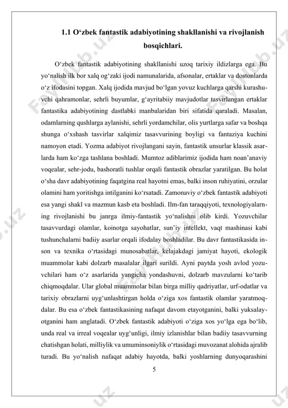 qealarni ramziy ma’noda qo‘llab, jamiyatdagi muammolarni noan’anaviy usulda yoritgan bo‘lsa, boshqalar orzular, tushlar va hayollar orqali inson psixologiyasi, ruhiy kechinmalarini tahlil etishga harakat qildilar. bu bilan o‘zbek fantastikasi faqat syujetli sarguzashtlar yoki ilmiy tafakkur mahsuli bo‘lib qolmay, balki falsafiy-ijtimoiy mazmunga ega chuqur asarlarga aylandi. hozirgi kunda bu yo‘nalishda ijod qilayotgan mualliflar global adabiy jarayonlardan ilhomlanib, milliy mentalitet asosida o‘ziga xos, noyob asarlar yaratishga intilmoqdalar. internet va elektron adabiyotning kengayishi, yosh o‘quvchilarning zamonaviy texnologiyalar bilan bevosita tanish bo‘lishi fantastik janrga bo‘lgan qiziqishni oshirdi. shuningdek, fan-texnika taraqqiyoti bilan bog‘liq mavzular – sun’iy ong, virtual haqiqat, biotexnologiyalar, vaqt bo‘ylab sayohatlar – o‘zbek yozuvchilari ijodida ham aks etmoqda. fantastik adabiyot endilikda o‘zbek adabiyotining muhim va istiqbolli yo‘nalishlaridan biriga aylanib bormoqda. u nafaqat o‘quvchiga zavq bag‘ishlaydi, balki uni o‘ylantiradi, hayot haqidagi qarashlarini kengaytiradi, ilm-fan va texnika taraqqiyotiga bo‘lgan qiziqishini oshiradi. shu bois, bu janrni rivojlantirish, yangi mualliflarni rag‘batlantirish, bolalar va yoshlar orasida fantastika kitoblariga bo‘lgan …