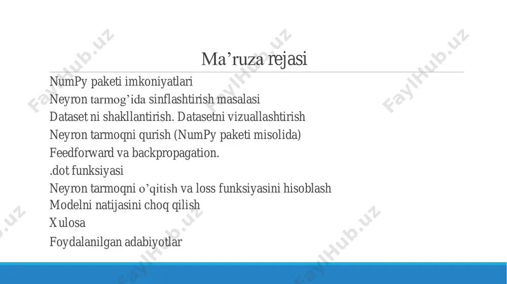 ing rangini belgilaydi va har bir o`lchamlarining(kanallarining) o`lchamlarini o`zida saqlaydigan butun sonlardan tashkil topgan statik ro`yxatlar numpy massivlari shape(shakli) deyiladi. numpy massivlarini python ro`yxatlari (list) orqali hosil qilish mumkin va ularga [ ] ko`rinishidagi qavslar orqali murojaat qilish mumkin. numpyda massivlar yaratish numpyda massivlarni hosil qilish uchun bir qancha funksiyalari mavjud massivlar ustida amallar kesimlar ajratib olish: python ro'yxatlariga o'xshash, numpy massivlaridan kesimlar ajratib olish mumkin. massivlar ko'p o'lchovli bo'lishi mumkinligi sababli, massivning har bir o'lchovi uchun bo'lakni belgilashingiz shart dot() funksiyasi dot() funksiyasi matritsani bir biriga ko’paytirish uchun ishlatiladi. quyida misol berilgan: import numpy.matlib import numpy as np a = np.array([[1,2],[3,4]]) b = np.array([[11,12],[13,14]]) np.dot(a,b) dataset ni shakllantirish. datasetni vizuallashtirish 0 va 1 orqali datasetni shakllantirish #a 0 0 1 1 0 0 0 1 0 0 1 0 1 1 1 1 1 1 1 0 0 0 0 1 1 0 0 0 0 1 #b 0 …