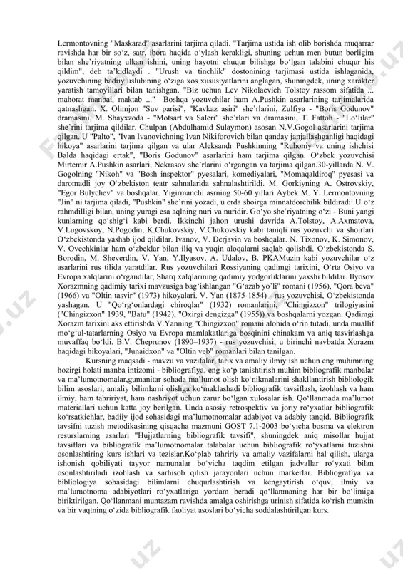 i yoki mavzu sarlavhasi aniqlanadi va ular sarlavha bо‘yicha tizimli yoki mavzuli katalogning tegishli bо‘limlarida izlanadi. tozalashni qidirish bibliografik rо‘yxatlarni tuzishda hujjatning bibliografik tavsifining har qanday elementlari bajarilishini qamrab olishi mumkin. masalan, rо‘yxatdagi bibliografik tavsif gostga muvofiq barcha majburiy elementlar bilan ifodalanishi uchun nashr etilgan yili, joyi, nashr etuvchisi, sahifalar sonini tiklash kerak. ammo kо‘pincha qidirish juda kо‘p hujjatlar bilan murakkab operatsiyalarni о‘zlashtirishni talab qiladi. taniqli sharqshunos a. a. semenov / 1873-1958 / sagu ilmiy kutubxonasida saqlangan sharq qо‘lyozmalari va litografik nashrlarini о‘rganish ustida ish olib bordi. о‘ttizinchi yillarda u universitet kutubxonasining qо‘lyozmalar tо‘plamining tavsifini tuzdi. 1935 yilda "о‘rta osiyo davlat universiteti fundamental kutubxonasining fors, arab va turk qо‘lyozmalarining tavsifi" nomi bilan nashr etilgan [6]. tavsifda sharq mamlakatlari olimlari, shoirlari, yozuvchilari, ruhoniylari tо‘g‘risidagi falsafa, filologiya, tarix, geografiya, din haqidagi ma’lumotlar, shuningdek bibliografik ma’lumotlar mavjud bо‘lgan prozaik va she’riy xarakterdagi 140 ta qо‘lyozma mavjud edi. a.a.semenovning faoliyati markaziy osiyo va qо‘shni …