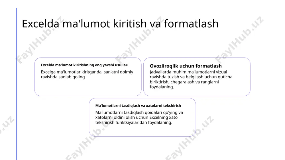 igan jadval excel foydalanuvchilarga jadvallarni bölüşishga imkon beradi, bir necha foydalanuvchilarining bir xil jadvalidan foydalanib tahrirlashlarini mumkin qiladi, jamoa a'zolari o'rtasida naqadarlik bölüşishni yanada qulaylashtiradi. microsoft 365 bilan integratsiya excel microsoft 365 bilan qulay integratsiya qiladi, foydalanuvchilarga onedrive, teams va boshqa microsoft dasturlari orqali jadvalni bölüşish va birgalikda ishlashga imkon beradi. excel jadval protsessorni shablonlar va maxsuslashtirish 1 2 3 excel shablon variantlari excel shablonlarni maxsuslashtirish formulalarni va funktsiyalarni shaxsiylashtirish excel budjetlash, jadval tuzish va loyihani boshqarish uchun tayyorlangan shablonlarni taklif qiladi, foydalanuvchilar uchun vaqtni va kuchni tejashga yordam beradi. foydalanuvchilar o'z kompaniya logotipini qo'shish, ranglarni va shriftlarni o'zgartirish, tuzilmani o'z xususiy talablari bo'yicha moslashtirish orqali excel shablonlarini oson maxsuslashtirishlari mumkin. excel foydalanuvchilarga o'z formulalarini va funktsiyalarini yaratib saqlashga imkon beradi, avtomatlashtiriladigan vazifalarni bajarish va ma'lumotlarni tahlil qilishni oson qiladi. excel xavfsizlik va maxfiylik xususiyatlari 1 2 3 shifrlash va parol himoya ma'lumot maxfiyligi va ulashishni nazorat qilish audit yo'li …