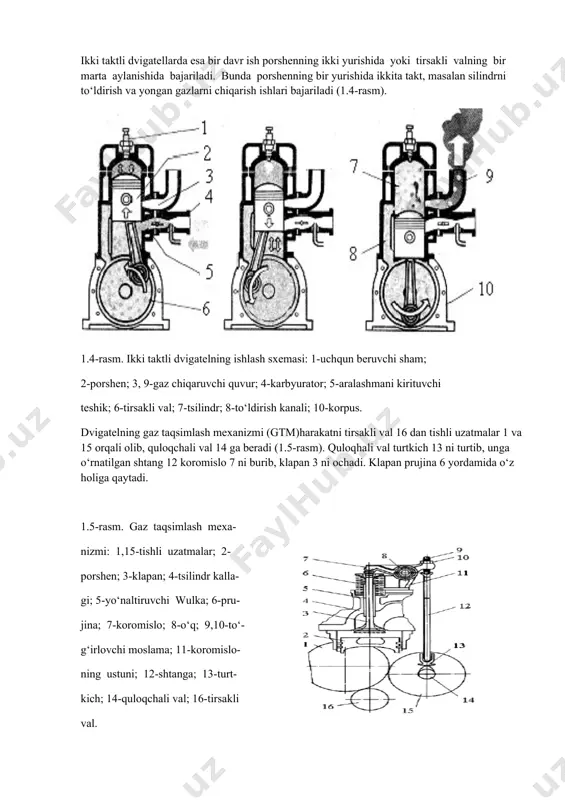 ning asosiy ko‘rsatkichlari tirsakli valining aylanish momenti md, aylanish soni nd, uning quvvati nd va yoqilg‘ining sarfi qd ga bog‘liq bo‘ladi. bu bog‘lanishlarni quyidagi formula yordamida aniqlash mumkin: bu yerda nd - dvigatelning quvvati, kw; qs - yoqilg‘ining solishtirma sarfi, kg/kw·soat (qs = 0,204...0,265 kg/kw·soat). bundan tashqari ular orasidagi bog‘lanishni to‘g‘irlash harakteristikasi yordamida ham aniqlash mumkin. uni o‘zgarishi 1.6-rasmda keltirilgan. dvigatel valining aylanishlar soni to‘g‘irlagich bilan ta’minlanganligi uning tadqiqot qilish nazariyasini to‘g‘irlash harakteris- tikasi bilan bog‘lash mumkin. 1.6-rasm. iyod ning quvvati, momenti va yoqilg‘i miqdorini aylanishlar soniga bog‘lanish grafigi. grafikdan shuni aniqlash mumkinki, tirsakli val aylanishlar sonining ma’lum oraliqda ortishi bilan, yoqilg‘ining solishtirma miqdori kamayib, so‘ngra oshadi. bu haqida to‘la ma’lumot «ichki yonuv dvigatellari» fanida o‘rganiladi. pnevmotik qurilmalar (pnevmodvigatellar) mexanizm va qurilish asboblarini harakatga keltirish uchun kerak bo‘ladigan siqilgan havoni hosil qilib beradi. siqilgan havoni hosil qiluvchi uskunaga kompressor deb ataladi. kompressorni harakatga keltirishda iyod yoki elektr dvigatellaridan foydalaniladi. iyod …