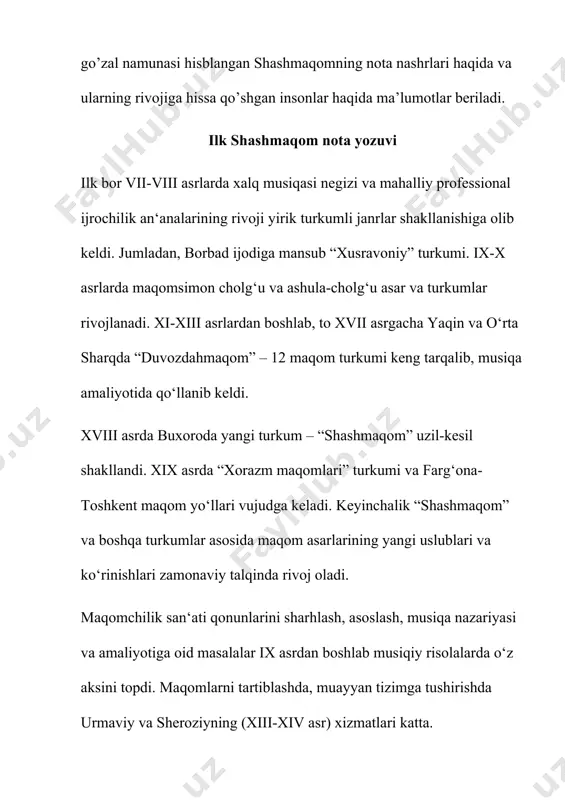 018] xulosa shashmaqom bizning madaniy merosimiz, milliy boyligimiz hisoblanadi. shu sababdan ham uning shakllanish tarixi, yaratilish bosqichlari hamda nota qog’ozlarida aksini topgan jarayonlari bilan tanishish, shu bilan bir qatorda uning tarkibiy qismlari, cholg’u va aytim yo’lining farqlari, ijro etilish holatlari va mazmunini o’rganish hozirgi kun yoshlari oldiga muhim vazifa sifatida qo’yilsa maqsadga muvofiq bo’lar edi. milliy madaniy boyliklarimizning yetakchi qismi hisoblangan shashmaqomning keng targ’ib qilinishi, xalq orasida qiziqish uyg’otilishi hamda uning rivojlanishi yo’lida targ’ibot-tashviqot ishlari o’tkazilishi muhim hisoblanib, yosh musiqa ijrochilari bu vazifani o’z zimmalariga olishlari va o’z hissalarini qo’shishlari hozirgi kun talabidir. albatta, mamlakatimizda maqom ijrochiligining rivojlanishi yo’lida ko’plab islohotlar amalga oshirilimoqda. biz yoshlar bunga javoban o’z hatti-harakatlarimiz va izlanishlanishlarimiz orqali o’zbek musiqa san’atining keng rivojlanishi yo’lida munosib mehnat qilishimiz zarur. adabiyotlar ro’yxati 1. i.rajabov ‘’ maqomlar masalasiga doir ‘’ ‘’o’zadabiynashr toshkent 1963-yil. 2. i.rajabov ‘’ maqom asoslari ‘’ toshkent 1992-2019-yil. 3. y.rajabiy ‘’ musiqa merosimizga bir nazar ‘’ …