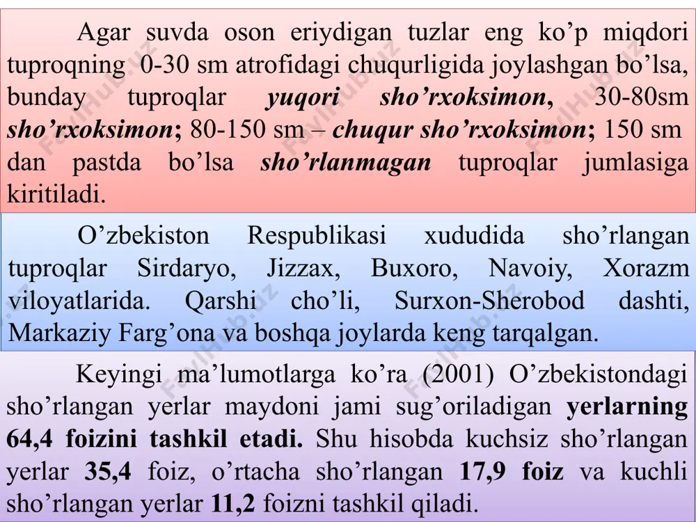 n farqlanadi, ph 9 – 11 ga yetadi. ekinlarning rivojlanishiga sho’rlanishning ta’siri. tuproqlarning sho’rlanishi- ekinlar hosilini keskin ravishda kamaytirib yuboradi. kuchli sho’rlangan yerlarda esa o’simliklar butunlay o’smay, nobud bo’ladi. sho’rlangan tuproqlarda o’simlik hujayralariga suvning o’tishi sekinlashadi, chunki tuzlar tuproq eritmasining konsentrasiyasini ancha oshiradi. bunda tuproq «quruqligi» degan hodisa vujudga keladi, chunki tuproq eritmasining osmotik bosimi hujayra shirasining osmotik bosimiga qaraganda kattaroq bo’lganligi tufayli, suvni kuchli tutib turadi va undan o’simlik foydalana olmaydi. sho’rlangan tuproqlarda o’simliklar tanasiga ca, p, mn, fe, kabi muhum oziq elementlarining kam miqdorda o’tishi va cl, na, mg, kabi ionlarning ko’p miqdorda o’tishini ko’rish mumkin. bu hol o’simliklarning zaharlanishiga olib keladi. tuzlar o’simlik ildizlarining tuproqning pastki qatlamlariga taralishiga to’sqinlik qiladi. ayniqsa ildizga na2co3, mgco3 tuzlar juda kuchli ta’sir ko’rsatadi, bu tuzlar ta’sirida ildizlar qorayib, keyin quriydi. ba’zan tuzlar (na2co3 , mgco3 , caco3) tuproqning fizik va suv xossalarini yomonlashtirishi tufayli o’simliklarni normal o’sishiga to’sqinlik qiladi. image1.jpeg image2.jpeg …