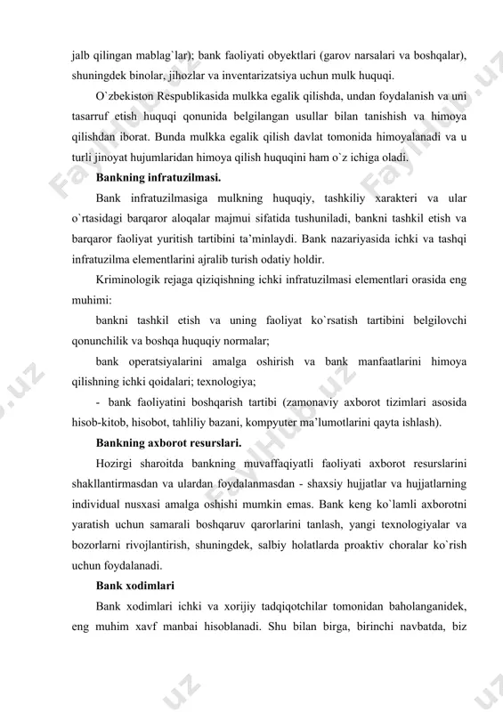 va uning mijozlari mavjud va kutilayotgan imtiyozlar, shu jumladan nomoddiy bo`lmaganlar uchun zarar ko`rish xavfidan himoyalanish holati. bank amaliyotida bunday tahdidlar tavakkalchilik, deb nomlanadi. iqtisodiy tavakkalchilik nazariyasiga ko`ra resurslarning bir qismini yo`qotish tahdidi, daromadlar yetishmasligi ehtimoli yoki qo`shimcha xarajatlar kelib chiqishi bozor subyektlarining har qanday moliyaviy va ishlab chiqarish faoliyatining bir qismi hisoblanadi. shu bilan birga, tavakkalchilik darajasining pasayishi yuqori daromad olish ehtimoli kamayishi bilan bevosita bog`liq. shuning uchun bankning foyda olish sohasidagi xavfsizligi mavjud tahdidlar (xavflar) darajasi va bank faoliyatining rentabelligi o`rtasida maqbul nisbat deb tushuniladi. bunday holatga bank faoliyatining mavjud turlari va xavf omillari o`z vaqtida aniqlanishi va ularning malakali bahosi va samarali boshqaruvini ta’minlash sharti bilan erishiladi. ushbu ma’noda risklarni boshqarishning maqsadi bankka beriladigan ma’muriy va iqtisodiy mexanizmlar orqali bankka yetarli darajada foyda olish va uni belgilangan norma va kontraktlar bo`yicha tarqatish imkonini beradigan darajadagi xavfsizlik darajasiga erishishdan iboratdir. kredit tashkilotlari uchun integral xavfsizlik tizimini tashkil etish …