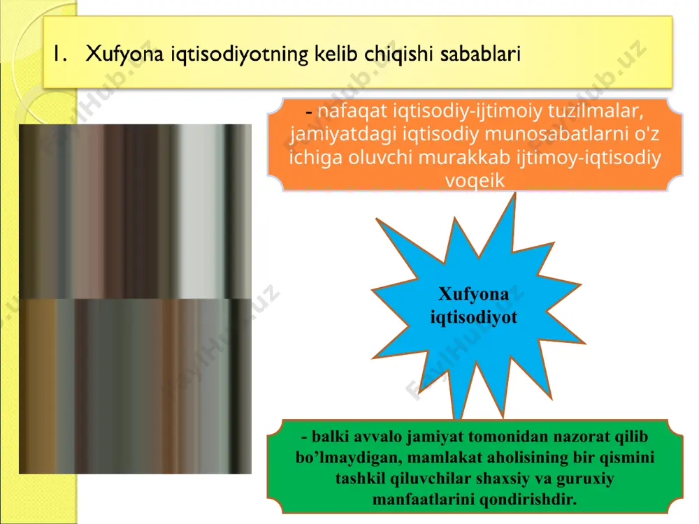 . 2 2 norasmiy itisodiyot - shahslar o'rtasidagi norasmiy alogalarga asoslangan iqtisodiy faoliyatdir. ushbu iqtisodiyotning o’ta havfliligi shundaki, unda biznes va davlat apparati amaldorlari birga qo’ishlib ketishi, korruptsiyaning rivozlanishi, alohida tadbirkorlar manfaatlarining zuravonlik orgali amalga oshirilishi yuz beradi. soxta iqtisodiyot - mohiyatan norasmiy iqtisodiyot bilan o'shash, fakat unda itisodiy faoliyatning “ yorug’ ” qismi to'liq yoki qisman soxta bo’ladi va xufyona faoliyatini amalga oshirishda. bundan tashgari soxta iqtisodiyotga qasdan soxta maqsadlarni ko’zlab amalga oshirilgan faoliyatni xam kiritish mumkin. misol tariqasida pul vositalarini nad pulga aylantirish, kreditlarni qaytarmaslik va boshqlarini keltirish mumkin. 2 3 ular quyidagilardan iborat: talon-taroj; qasddan hizmat mansabini suiistemol qilish va xujalik sohasidagi jinoyatlar; narkobiznes; qimor uyinlari; foxshabozlik; talonchilik, boshchilik, shahsiy mulkni o’g’irlash; tovlamachilik, reket va shu kabilar. 3 uchinchi manba - khufena itisodietni "oziylantiradigan" manbalardan, yana biri uz xizmat lavozimini suistemol qilib, yoki asddan zaravonlik bilan iktisodiotning ishlab chiqarish vaigisimotkazili bundai faoliyat turlariga rasmiy itisodiy hayotda tuli …