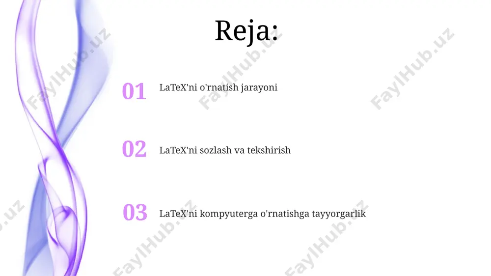 'rnatish (masalan, texstudio, overleaf) miktex va tex live kabi latex tarqatmalarini texstudio yoki overleaf bilan birgalikda o'rnatish orqali 8000 dan ortiq paketga kirish huquqiga ega bo'lasiz. overleaf bulutli xizmati bo'lib, hech qanday mahalliy o'rnatishni talab qilmaydi, shuning uchun siz istalgan qurilmadan, hatto 1 gb ram li kompyuterdan ham foydalanishingiz mumkin. hujjatni kompilyatsiya qilish tex live yoki miktex kabi latex distributivlari turli xil kompilyatorlarni o'z ichiga oladi, masalan, xelatex, pdflatex va lualatex, har biri o'ziga xos xususiyatlarga ega. kompilyatsiya paytida 100 dan ortiq sahifalik hujjatlar uchun xotira yetarli emasligi mumkin, shuning uchun katta hajmdagi fayllarni qismlarga bo'lib kompilyatsiya qilish tavsiya etiladi. miktex o'rnatish miktex'ni o'rnatishda 200 dan ortiq paketlar avtomatik ravishda yuklanadi va bu jarayon tizimingizning tezligiga va internet ulanishingizga bog'liq holda 15-30 minutni olishi mumkin. o'rnatish tugagach, siz texworks yoki texmaker kabi 2-3 ta qo'shimcha tahrirlovchi dasturlarni o'rnatishingiz mumkin, bu sizga latex hujjatlarini yaratish va tahrirlashda qulaylik beradi. birinchi latex …