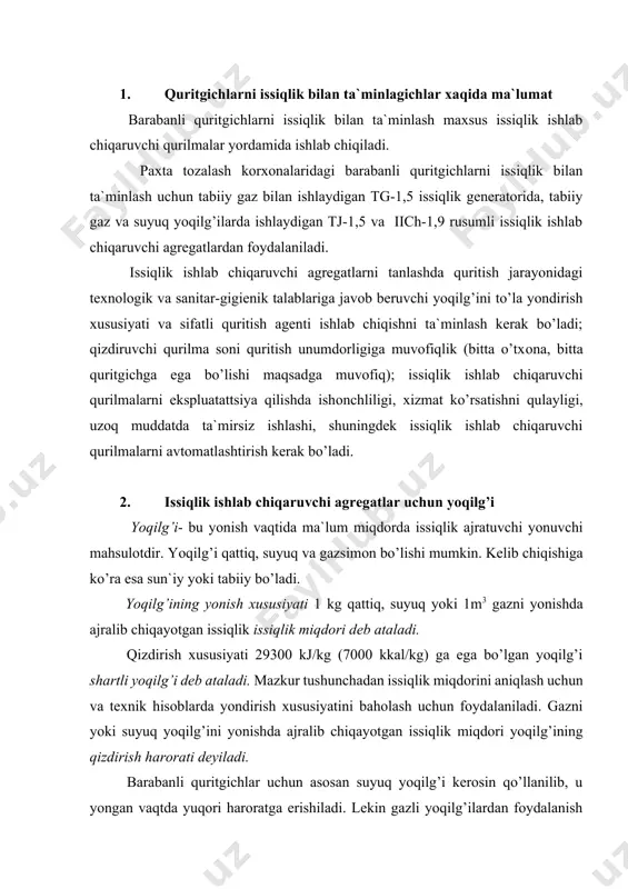usiyatini baholash uchun foydalaniladi. gazni yoki suyuq yoqilg’ini yonishda ajralib chiqayotgan issiqlik miqdori yoqilg’ining qizdirish harorati deyiladi. barabanli quritgichlar uchun asosan suyuq yoqilg’i kerosin qo’llanilib, u yongan vaqtda yuqori haroratga erishiladi. lekin gazli yoqilg’ilardan foydalanish maqsadga muvofiq, chunki uni tozalash, quritish va tashib keltirish oson. paxta tozalash kоrxоnalarida tabiiy gazdan ham foydalaniladi. uning yonish issiqligi 35200-38200 kj/m3 ni tashkil etadi. gaz yoqilg’ilarini qizdirishi anchagina yuqori haroratga ega bo’lib, uning foydali ish koeffitsienti ancha yuqоri. quritgichlar uchun bu afzallik muxim o’rin egallaydi, chunki haroratni tushirish uchun yonuvchi mahsulotlarni havo bilan aralashtirishga to’g’ri keladi. gazli yoqilg’ini o’txоnaga uzatish va uni sоzlash, yoqish jarayonlari оddiyligi uni avtоmatik ravishda yoqilg’i uzatishni bоshqarish imkоnini beradi. gaz yoqilg’ilaridan fоydalanishning asоsiy kamchiliklaridan biri – bu uning zaharliligi va aralashmani havо bilan pоrtlash ehtimоlining yuqоriligidir. lekin texnika xavfsizligiga to’la riоya qilib ishlatilsa yuqоridagi kamchiliklarni bartaraf qilish imkоnini beradi. 3.o’txоnadagi yoqilg’ini yonish jarayoni yondirish uchun fоydalanadigan yoqilg’i aniq kоntsentratsiyagacha …