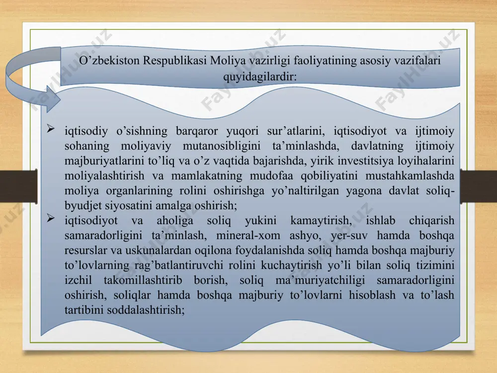 etadi; byudjet tashkilotlari va byudjet mablag’lari oluvchilar xarajatlarini maqbullashtirishni amalga oshiradi; tegishli byudjetlar ijrosining byudjet hisobini yuritadi; hududiy moliya organlarining byudjet sohasidagi vakolatlari quyidagilardan iborat: шерзод кудбиев 1981 йил фарғона вилоятида туғилган. у фарғона политехника институтини молия ва кредит мутахассислиги бўйича тамомлаган. 2007 йилгача мазкур институтда турли лавозимларда ишлаган. ш. кудбиев меҳнат фаолиятини 2007 йилда меҳнат ва аҳолини ижтимоий муҳофаза қилиш вазирлигида бандликка кўмаклашиш жамғармаси маблағларидан самарали ва мақсадли фойдаланишни бошқариш бўйича катта мутахассис сифатида бошлаган. 2016 йилдан 2018 йилгача тошкент шаҳар мирзо улуғбек тумани ҳокими лавозимида ишлаган. 2018 йил апрель ойида бандлик ва меҳнат муносабатлари вазири лавозимига тайинланган. шерзод кудбиев дсқ раислигига тайинлангунга қадар 2019 августдан буён ўзбекистон республикаси президентининг давлат хизмати ва ҳокимият вакиллик органлари билан ҳамкорлик қилиш масалалари бўйича маслаҳатчиси лавозимида фаолият юритиб келаётган эди. o’zbekiston respublikasi moliya vazirligi davlat moliyaviy nazorati departamenti faoliyatini tashkil etishni huquqiy asoslari o’zbekiston respublikasining «davlat moliyaviy nazorati to’g’risida» gi qonuni muhokama …