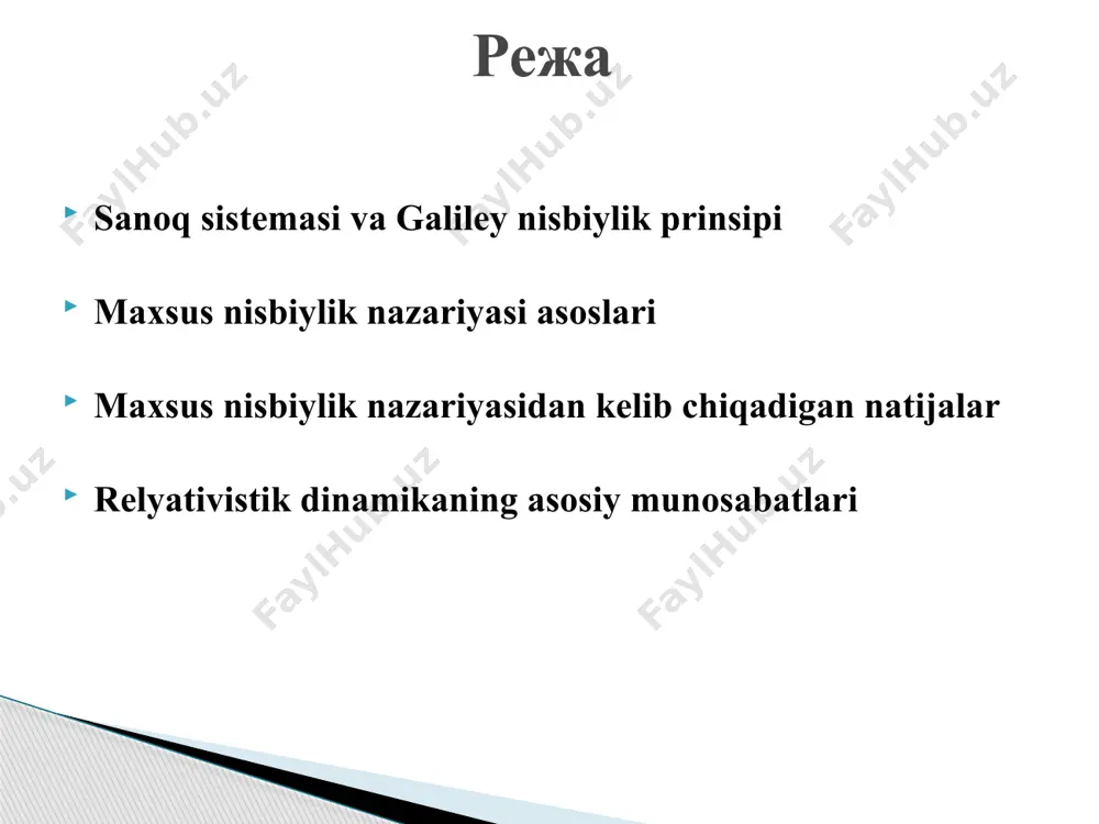 idagi lorents koorinata almashtirishlari, tezliklar yorug’lik tezligidan juda kichik bo’lgan holda geliley koordinata almashtirishlariga o’tishini ko’rish mumkin ya’ni maxsus nisbiylik nazariyasi asoslari vaqt intervalining nisbiyligi u holda qandaydir nuqtada sodir bo’luvchi hodisaning davomiyligi bu nuqtaga nisbatan qo’zg’almas bo’lgan inertsial sanoq sistmasida eng kichik bo’ladi. natijada harakatlanuvchi inertsial sanoq sistemasidagi soatlar, tinch turuvchi sanoq sisemasidagi soatlarga nisbatan sekin yuradi. uzunlikning nisbiyligi. sterjenning qo’zg’olmas va v tezlik bilan haakatlanuchi sanoq sistemasidagi uzunliklari inertsial sanoq sistemasiga nisbatan harakatlanuvchi jism o’lchamlari harakat yo`nalishida qisqaradi, bunda harakat tezligi qancha katta bo’lsa uzunlikning lorents qisqarishlari shuncha katta bo’ladi. maxsus nisbiylik nazariyasidan kelib chiqadigan natijalar relyativistik harakatlanuvchi zarra (jism) ning relyativistik massasi uning tezligiga bog’liq bo’ladi. relyativistik impuls relyativistik dinamikaning asosiy qonuni: m massali jismning to’la energiyasi: universal xarakterga ega, uni energiyaning barcha shakllariga qo’llash mumkin, ya’ni energiya qanday shaklda bo’lishidan qatiy nazar u massa bilan bog’liq va aksincha barcha massa energiya bilan bog’liq. tinch turgan jismlar …