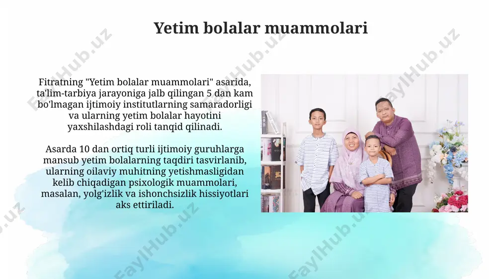 nchasi fitrat asarlarida 20 dan ortiq hikoya va romanlarda turli xil obrazlar orqali ko'p qirrali va murakkab hodisa sifatida ko'rib chiqiladi. fitratning asarlarida ma'naviy-axloqiy tarbiyaning 3 ta asosiy yo'nalishi – diniy bilimlar, milliy qadriyatlar va insonparvarlik g'oyalari – ajratib ko'rsatilgan bo'lib, ularning o'zaro bog'liqligi ta'kidlanadi. fitrat asarlarining zamonaviy ahamiyati uning asarlaridagi 30 dan ortiq voqea va obrazlar orqali oila muhitining bolaning shaxsiyatiga ta'siri, ijtimoiy-ma'naviy qadriyatlarning o'rni tahlil qilinadi va zamonaviy pedagogika uchun foydali xulosalar chiqarish mumkin. fitrat asarlaridagi oilaviy tarbiya masalalari zamonaviy o'zbekistonning 21-asr muammolari, jumladan, yoshlar o'rtasidagi axloqiy buzuqliklar va oilaviy nizolar bilan bevosita bog'liqdir. bolalik va o'smirlik davri muammolari fitratning "bolalik va o'smirlik davri muammolari" asarida 20-yillarning boshidagi o'zbek jamiyatidagi bolalar tarbiyasi bilan bog'liq 3 ta asosiy muammo – ta'limning yetarli emasligi, ijtimoiy tengsizlik va an'anaviy tarbiya usullarining zamonaviy talablarga mos kelmasligi tahlil qilinadi. asarda ta'riflangan 5-7 yoshli bolalarning o'yinlari, xulq-atvori va ijtimoiylashuv jarayonlarining psixologik jihatlari o'sha davrning …
