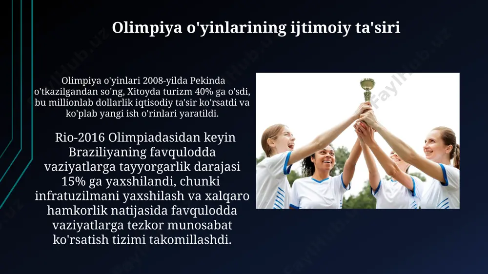 adi. olimpiada g'oliblarining mukofotlari 1980 yil moskva olimpiadasida sovet ittifoqi 80 ta oltin medalni qo'lga kiritib, umumjamoa hisobida 1-o'rinni egalladi. bu tarixda juda muhim natija bo'ldi. rio-de-janeyroda 2016-yilgi olimpiadada aqsh jamoasi umumiy hisobda 121 ta medal (46 ta oltin) bilan birinchi o'rinni egalladi, bu esa ularning yuqori sport mahoratini namoyon etdi. sportchilar tayyorgarligi 2024 yilgi olimpiadaga tayyorgarlik ko'rayotgan suzuvchilarning o'rtacha 6 soatlik suzish mashg'uloti, haftada 5 kun davom etadi, bu esa 30 soatlik haftalik yuklamani tashkil etadi. sportchilarning 80% dan ortig'i, toshkentdagi olimpiya tayyorgarlik markazida, yillik 3000 soatdan ortiq mashg'ulotlar o'tkazib, jismoniy va texnik tayyorgarlikni amalga oshiradilar. e'tiboringiz uchun rahmat @taqdimot_robot image1.jpg image2.jpg image3.jpg image4.jpg image5.jpg image6.jpg image7.jpg image8.jpg image9.jpg image10.jpg image11.jpg image12.jpg image13.jpg image14.jpg image15.jpg image16.jpg image17.jpg
