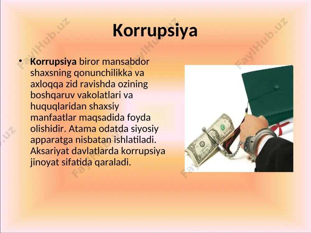 ga joriy etilishi uchun jiddiy ahamiyat beradi. ukraina prezidenti 1997 yil 10 apreldagi 319-sonli farmoni bilan korrupsiyaga qarshi kurash milliy dasturi tasdiqlangan. ukrainaning «korrupsiyaga qarshi kurash to‘g‘risida”gi qonuni 9-moddasida mansabdor shaxslarning daromadlari, qimmatli qog‘ozlari, ko‘chmas mulk va boshqa qimmatbaho buyumlari, shuningdek bankdagi omonatlari to‘g‘risida rasmiy nashrlarda ma’lumotlar berib borilishi belgilangan. korrupsiyaga qarshi kurash borasida qator chora-tadbirlar respublikamizda ham korrupsiyaga qarshi kurash borasida qator chora-tadbirlar amalga oshirilmoqda. jumladan, o‘zbekiston respublikasi bosh prokuraturasida iqtisodiy jinoyatchilik va korrupsiyaga qarshi kurash boshqarmasi faoliyat yuritayapti. 2001 yilda bosh prokuratura huzurida soliqqa oid jinoyatlarga qarshi kurash departamenti tashkil etildi, 2002 yilda departament soliq va valutaga oid jinoyatlarga qarshi kurash departamenti etib qayta tashkil etildi. “qonun himoyasida” jurnalida berilgan ma’lumotga ko‘ra 2002 yilda iqtisodiy jinoyatchilik va korrupsiyaga qarshi kurash boshqarmasi tomonidan jinoyat natijasida yetkazilgan zarar va to‘lanmagan soliq to‘lovlarining 1,007 mlrd. so‘mi hamda 31.221.680 aqsh dollari tergov davrida undirilgan, aybdor shaxlar esa sud hukmi bilan tegishli javobgarlik …