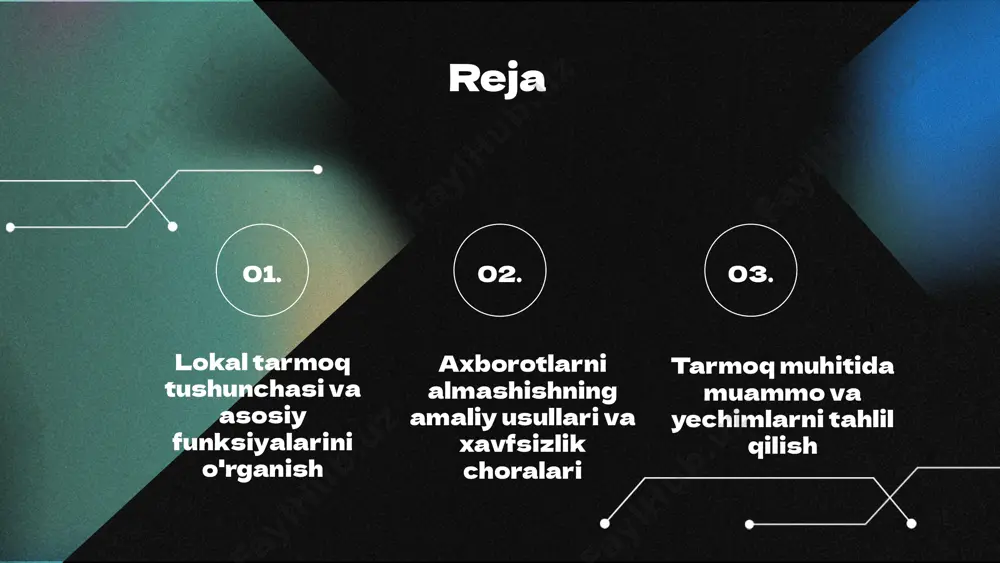 tumcode on unsplash tarmoq muhitidagi muammolar asosiy muammolar va yechimlar tarmoq muhitida yuzaga keladigan muammolarni aniqlash va tahlil qilish muhim. bu muammolar ichida ishonchlilik, tezlik, xavfsizlik va resurslarni boshqarish muhim ahamiyatga ega. tarmoq xavfsizligi va ma'lumotlarning yo'qolishi, uzilishlar va tarmoqning ishonchliligi muammolari muhim. bu muammolarni hal qilish uchun xavfsizlik choralari va texnologiyalar qo'llaniladi. resurslarni boshqarish qiyinchiliklari, optimallashtirish va tarmoq samaradorligini ta'minlash muhim. resurslarni to'g'ri taqsimlash va boshqarish tarmoq ishlashini yaxshilaydi. muammolarni hal etish yechimlari tarmoq muammolarini hal etish uchun takliflar: avtomatlashtirilgan boshqaruv tizimlari bilan tarmoqni optimallashtirish, texnologik yangilashlar, xavfsizlik choralarini kuchaytirish, masalan, shifrlash va kirish nazoratlari, resurslarni samarali boshqarish strategiyalari, trafik monitoringi. xulosa lokal tarmoqlar axborot almashinuvi uchun muhim vositadir. ular resurslarni baham ko'rish va xavfsizlikni ta'minlaydi. elektron pochta, messenjеrlar va tarmoq protokollari usullari bilan tanishdik. xavfsizlik uchun shifrlash, autentifikatsiya va xavfsizlik dasturlaridan foydalanamiz. muammolarni aniqlash va hal qilish uchun tarmoqni optimallashtiramiz. shu bilan, siz lokal tarmoqlarni xavfsiz va samarali …