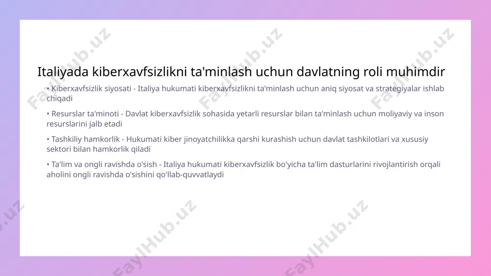 ha yo'l-yo'riq beradi italiyada kiberxavfsizlikni rivojlantirish strategiyalari ko'rsatiladi • innovatsion texnologiyalar - italiyada kiberxavfsizlikni rivojlantirishda innovatsion texnologiyalarni joriy etish muhim ahamiyatga ega. bu texnologiyalar kiberhujumlarni oldini olish va xavfsizlik tizimlarini yanada mustahkamlashda yordam beradi. • ta'lim va bilinçlilik - kiberxavfsizlik sohasida ta'limni oshirish va aholining bilinçlilik darajasini ko'tarish kerak. bu orqali oddiy fuqarolar ham kiberhujumlarni qanday aniqlash va ulardan qanday himoya qilishni bilishlari muhimdir. • hamkorlik va aloqa - davlat, xususiy sektor va ilmiy tadqiqot muassasalari o'rtasida hamkorlik kiberxavfsizlikni rivojlantirishda samarali natijalarga olib keladi. bu hamkorlik tajribalarni bo'lishish va umumiy muammolarni bartaraf etish imkonini beradi. • siyosiy qarorlar - kiberxavfsizlikni yanada rivojlantirish uchun davlat darajasida samarali siyosiy qarorlar qabul qilish zarur. bu qarorlar kiberxavfsizlik siyosatlarini belgilab beradi va mamlakatning umumiy xavfsizligini ta'minlaydi. kiberxavfsizlik sohasida innovatsion yechimlar va texnologiyalar taqdim etiladi • ma'lumotlar himoyasi - kiberxavfsizlikda ma'lumotlarni himoya qilish usullari juda muhimdir. innovatsion yechimlar orqali ma'lumotlarga ruxsatsiz kirishdan himoya qilish va …