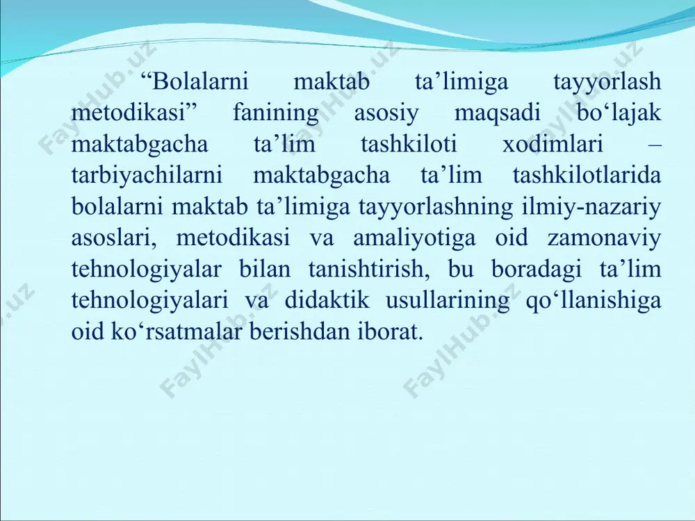 oyib boradi. 6. axloqiy tarbiya o‘quvchilar ongi, hayoti, turmush tarziga muayyan jamiyat tomonidan tan olingan va rioya qilinishi zarur bo‘lgan tartib, odob, o‘zaro munosabat, muloqot va xulq-atvor qoidalari, mezonlarni singdirish jarayoni 7. mehnat tarbiyasi shaxsga mehnatning mohiyatini chuqur anglatish, ularda mehnat va mehnat faoliyatiga ongli munosabatni, shuningdek, muayyan ijtimoiy-foydali harakat yoki kasbiy ko‘nikma va malakalarni shakllantirishga yo‘naltirilgan pedagogik jarayon 8. ekologik tarbiya shaxsda atrof-muhitga ijobiy munosabatni, mas’uliyat hissini tarbiyalash, tabiatni muhofaza qilish, inson hayoti, salomatligiga xavf soluvchi salbiy tabiiy va ijtimoiy hodisalarning oldini olish, bartaraf etish borasidagi bilim, ko‘nikma hamda malakalarni shakllantirish jarayoni . 9. huquqiy tarbiya nazariy va amaliy huquqiy bilimlar bilan qurollantirish orqali shaxsni ijtimoiy-huquqiy munosabatlarni to‘ri tashkil etishga tayyorlash jarayoni 10 . fuqarolik tarbiyasi fuqarolik tushunchasining mohiyatini anglatish orqali o‘quvchilarda yuksak darajadagi fuqarolik madaniyatini shakllantirish, ularni xalq, vatan, jamiyat manfaatlari yo‘lida kurashuvchi fuqarolar etib tarbiyalashga yo‘naltirilgan pedagogik jarayon. fuqarolik tarbiyasining markaziy ob'ekti fuqaro sanaladi bolalarni maktabga tayyorlashda …