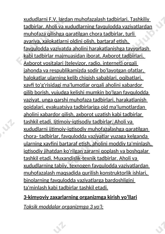 ing fizik-kimyoviy xususiyatlariga bogliq bo’lib, organizmning fiziologik holati kam ahamiyatga ega. ayrim bug va gazlar (vodorod xlorid, vodorod ftorid, oltingugurt gazlari, noorganik kislota gazlari) nafas olish yo’llarining o’zidayoq o’zgarishlarga uchraydi. bundan tashqari ular alveolyar membranalarni shikastlashi tufayli, barer va transport vazifasini ishdan chiqaradi va toksik o’pka shishishiga olib keladi. ko’pchilik sanoat korxonalarida hosil bo’ladigan aerozollar (chang, tutun, tuman) zarrachalar yigindisini hosil qiladi (ko’mir changi, silikat changi). ular nafas yo’llarida tushib qoladi va tashqariga chiqariladi. yuqori nafas yo’llarida 80-90% 10 mikrometrgacha bo’lgan chang zarrachalari ushlanib qolinadi, alveolalarga 1-2 mkm va undan yirik zarrachalarning 70-80% tushadi. o’pkaning o’z-o’zini zaharlardan tozalash jarayonida alveola makrafaglari va limfatik tizim katta rol o’ynaydi. lekin metall aerozollari qon oqimiga yoki limfaga tezda so’rilishi oqibatida ular oqsillar bilan kompleks hosil qiladi va tana haroratini oshishi zaharlarning rezorbtiv tasiri ekanligini malum qiladi. toksik moddalarning teri orqali o’tish asosan sanoat sharoitida kuzatilib,epidermis orqali, soch follikulalari orqali va yog bezlari chiqish …
