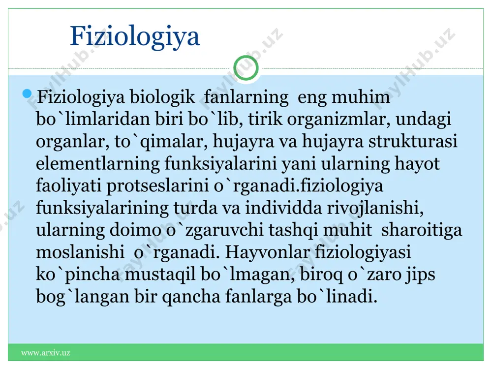 on bosim odatda 100-120 mm o`rniga 200-250mm simob ust.ga teng. bu tajribani itning ajratib olingan karotid sinusida bosim ko`tarilishining arteriyal bosimga tasirini m moiseev metodikasi asosida ko`rilgan www.arxiv.uz www.arxiv.uz gipertonik sharoitda hayvon organizmining gomeostazini o`rganish zamonaviy hayvonot dunyosi yerning 70 c sovuqdan va 85c issiqqacha bo`lgan harorat yashashga moslashgan. ammo bazi bir hayvonl;ar bunday gipertonik sharoitda o`zlarining gomeostazini saqlab qolishga harakat qiladi. va ularni konfomerlar deyiladi. gomeostazni ushlab turish mehanizmlari bo`yicha boshqaruvchi-organizmlar poykilterm va gomoyoterm organizmlarga bo`linadi. birinchi guruh hayvonlarida o`ziga xos moslashuvchi to`qimalari mavjud bo`lib ikkinchisida esa xulq- atvor asosiy o`rinda turadi. agarda hayvonlar yuqori haroratda gomeostazini saqlab qololmasa organizm suvsizlikka duch keladi va moddalar almashinuvi yuzaga keladi. holsizlanib yotib qolish holatlari ham kuztiladi. bu tajribani ertalab, tinch holatda ,ovqat yeyishdan oldin, va kechki ovqatlanishda 12 soat keyin va organizm huzr qiladigan darajadagi haroratlarda olib boriladi. www.arxiv.uz www.arxiv.uz issiqlik to`planishi va sarflanishi иссиқлик бери- лиши секинлашган иссиқлик берилиши тезлашгавн …