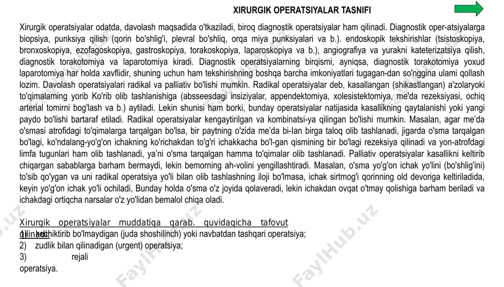 imalar olib tashlanadi. palliativ operatsiyalar kasallikni keltirib chiqargan sabablarga barham bermaydi, lekin bemorning ah-volini yengillashtiradi. masalan, o'sma yo'g'on ichak yo'lini (bo'shlig'ini) to'sib qo'ygan va uni radikal operatsiya yo'li bilan olib tashlashning iloji bo'lmasa, ichak sirtmog'i qorinning old devoriga keltiriladida, keyin yo'g'on ichak yo'li ochiladi, bunday holda o'sma o'z joyida qolaveradi, lekin ichakdan ovqat o'tmay qolishiga barham beriladi va ichakdagi ortiqcha narsalar o'z yo'lidan bemalol chiqa oladi. xirurgik operatsiyalar muddatiqa qarab. quvidaqicha tafovut qilinadi:1) kechiktirib bo'lmaydigan (juda shoshilinch) yoki navbatdan tashqari operatsiya; 2) zudlik bilan qilinadigan (urgent) operatsiya; 3) rejali operatsiya. xirurgik operatsiyalar tasnifi kechiktirib bo'lmaydigan operatsiyalar bemor kasalxonaga yotqizilgan va diagnozi (o'tkir appenditsit, o'tkir xoletsistit, me’da yar-asining teshilishi, churraning qisilib qolishi, ichak tutilishi) aniqlangandan so'ng darhol dastlabki ikki soat ichida qilinadi. ayrim hollarda qon juda ko'p ketayotganda yoki hiqildoqqa yot jism tiqilib qolganda operatsiya (qon ketishini to'xtatish, traxeostomiya (hayotiy) muhim ko'rsatkichlar bo'yicha yaqin bir necha daqiqa ichida amalga oshiriladi. zudlik …