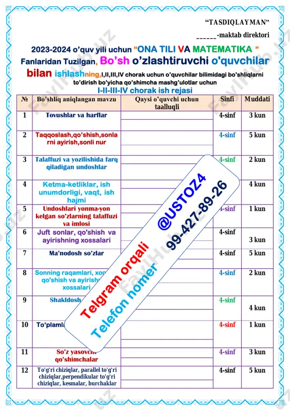 hasi 22 ___.____.201__ yil 4-sinf ____________ viloyati ________tumani “___________” maxallasi _______ ko’chasi 23 ___.____.201__ yil 4-sinf ____________ viloyati ________tumani “___________” maxallasi _______ ko’chasi 24 ___.____.201__ yil 4-sinf ____________ viloyati ________tumani “___________” maxallasi _______ ko’chasi 25 ___.____.201__ yil 4-sinf ____________ viloyati ________tumani “___________” maxallasi _______ ko’chasi rahbari ________ _______________________ bo’sh o’zlashtiruvchi o’quvchilar bilan ishlash jurnali № oy kun f.i.sh _ _ ._ _ 2 0 2 _ _ 1 2 3 4 5 6 7 8 9 10 11 12 13 14 15 16 17 18 19 20 № sana mavzu uyga vazifa 1 2 3 4 5 6 7 8 9 10 11 12 13 14 15 16 17 18 19 20 № oy kun f.i.sh _ _ ._ _ 2 0 2 _ _ 1 2 3 4 5 6 7 8 9 10 11 12 13 14 15 16 17 18 19 20 № sana mavzu uyga vazifa …