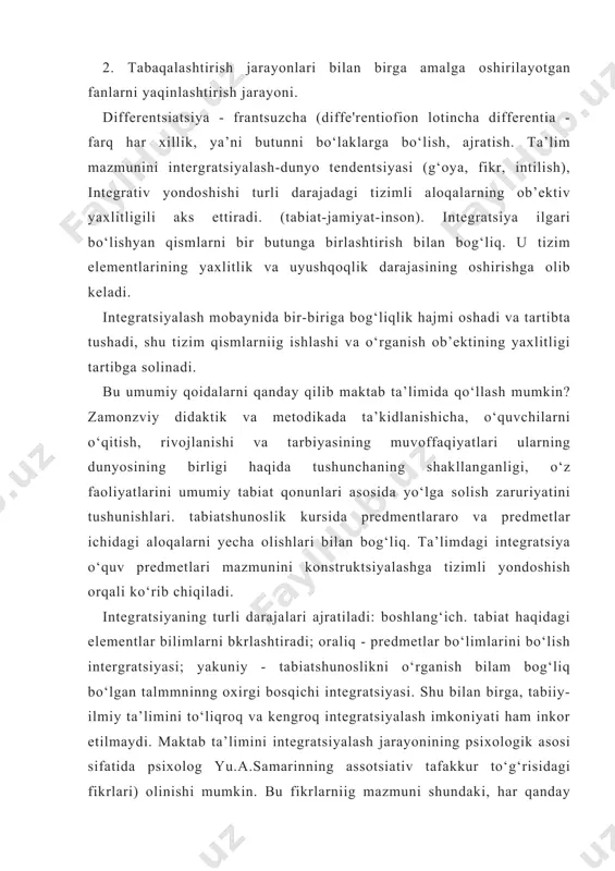 ‘xshatishlarining mos keladigai darajasiga birlashgirish xususiyatiga qarab tasniflaydi). tabiat yoki predmet haqidagi eng oddiy bilimlarni hosil qiluvchi bog‘liqlikning eng soddasi ma’lum bir joy yoki tushuncha bilan chegaralangan lokal tasavvurdir. bu bog‘liklik boshqa bilimlardan nisbatan ajralgan, shuning uchun eng oddiy aqliy faoliyatni ta’minlaydi. bu kichik maktab yoshiga xos. biror bir tizimga tegishli bo‘lgan tasavvurlar eng solda tizimli tasavvurlardmr. ular biror bir mavzu, predmet yoki hodisani o‘rganishi asosida hosil bo‘ladi. biror bir predmetni bilish yangi fakt va tushunchalarming tanlanishi ularni bir bilimlar bilan taqqoslanishi orqali amalga oshiriladi. bilimlarning eng odliy umumlashtirish sodir bo‘ladi, lekin olingan bilim hamma unga yaqin bo‘lgan bilimlar bilan bog‘lansa edi. bunda o‘quuvchilarning tahlil qilish va umumlashtirtl faoliyatlari vujudga keladi. tizim ichidagi tasavvurlar o‘quvchilarning butun bir fanlar bilishini ta’minlaydi. (fizikaviy, kimyoviy, biologik, bilimlar tizimi) o‘rganilayotgan fan doirasida bilimlardai keng foydalanish kuzatiladi. tizim ichidagi tasavvurlar, vaqt, muhit, son bog‘lanishlari aks ettnradn. predmetlararo tasavvurlar aqliy faoliyatining eng yuqori pog‘onasi hisoblanadi. ular …