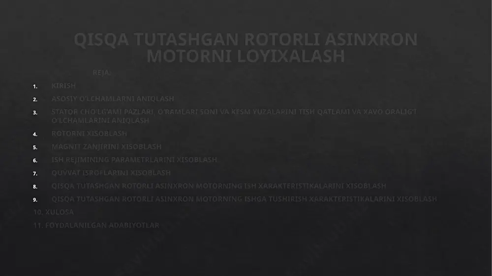 asi ico141; izolyatsiya klassi g. mashinaning juft qutblar soni 2p=2 asosiy oʻlchamlarini aniqlash 1-rasmdan aylanish o’qining balandligini aniqladim: h=250 mm , balandlikdan foydalanib statorning tashqi da=0,437 m va ichki diametrini d= 0.25m aniqlab oldim. motorning hisobiy quvvati p’=127460,4 va ni hisoblab, elektromagnit yuklama a va xavo oralig’idagi magnit induktsiya v larning taxminiy qiymatini 2-rasmdan aniqladim: a=42*10³a/m; v=0,74 tl. 1- rasm asinxron motorni aylanish oʻqi balandligini aniqlash 2-rasm eletromagnit yuklama va magnit induksiyani aniqlash stator cho’lg’ami pazlari, o’ramlari soni va kesm yuzalarini tish qatlami va xavo oralig’i o’lchamlarini aniqlash tish bo’linmasining chegaraviy qiymatlarini 3-rasmdan va bo’lishi mumkin bo’lgan tishlar soni oralig’ini aniqladim: tz1max=13.5 mm va tz1min=11,5 mm. bu qiymatlar yordamida stator pazlarini aniqlab oldim z = 24 ta . bu punktida asosan pazdagi oʻramlar sonini w=238 , elektromagnit yuklama a=22 908,7 a/m , mashina hovo oraligʻini magnit oqimini f=0.00766 vb va magnit induksiyalarni vb=0.719 tl hisobladim . stator choʻlgʻamidagi tok zichligini …