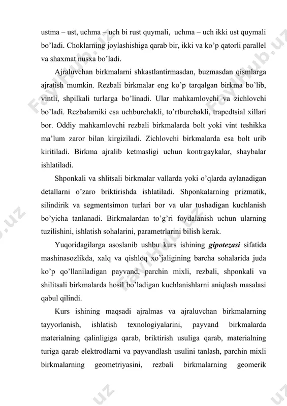 eni kesimining kesilishdagi kuchlanishga, sterjen yuzasining ezilishdagi kuchlanishga hamda o’zaro biriktirilgan listlarning cho’zilishdagi kuchlanishga chidamliligi bilan belgilanadi. ustma-ust parchin mix yordamida biriktirilgan birikmani ko’ramiz. bunda d0- parchin mix diametri biriktiriladigan listlarning qalinligiga bog’liq bo’lib, kesimli birikmalar uchun d0(1,82,0), ikki kesimli birikmalar uchun d0(1,21,8); -biriktiriladigan detallarning qalinligi: samolyotsozlikda d=2; t - parchin mixlar o’rtasidagi masofa; bu masofa bir kesimli birikmada 3d, ikki kesimli birikmada 3,5d; f,t- masofaga ta’sir qiluvchi kuch; - parchin mix sterjeni uchun ruxsat etilgan kesimdagi kuchlanish; - parchin mix sterjeni bilan biriktiralayotgan detallar o’rtasidagi ezilishdagi kuchlanish; biriktiralayotgan listlar uchun ruxsat etilgan kesimdagi kuchlanish; - parchin mixdan chokning chekkasigacha bo’lgan masofa, hamma gurux choklar uchun =(1,5 ...2,0)d0 2-rasm. rasmda berilgan parchin mixli birikmaning mustahkamlik sharti. a) parchin mix sterjenida kesilishdagi kuchlanishni hisobiy qiymati: b) parchin mix sterjen sirti bilan biriktiralayotgan detallar o’rtasidagi ezilishdagi kuchlanishni hisobiy qiymati: v) biriktirilayotgan listlarning 1-1 kesim bo’yicha cho’zilishdagi kuchlanishni hisobiy qiymati. parchin mixlar asosan …