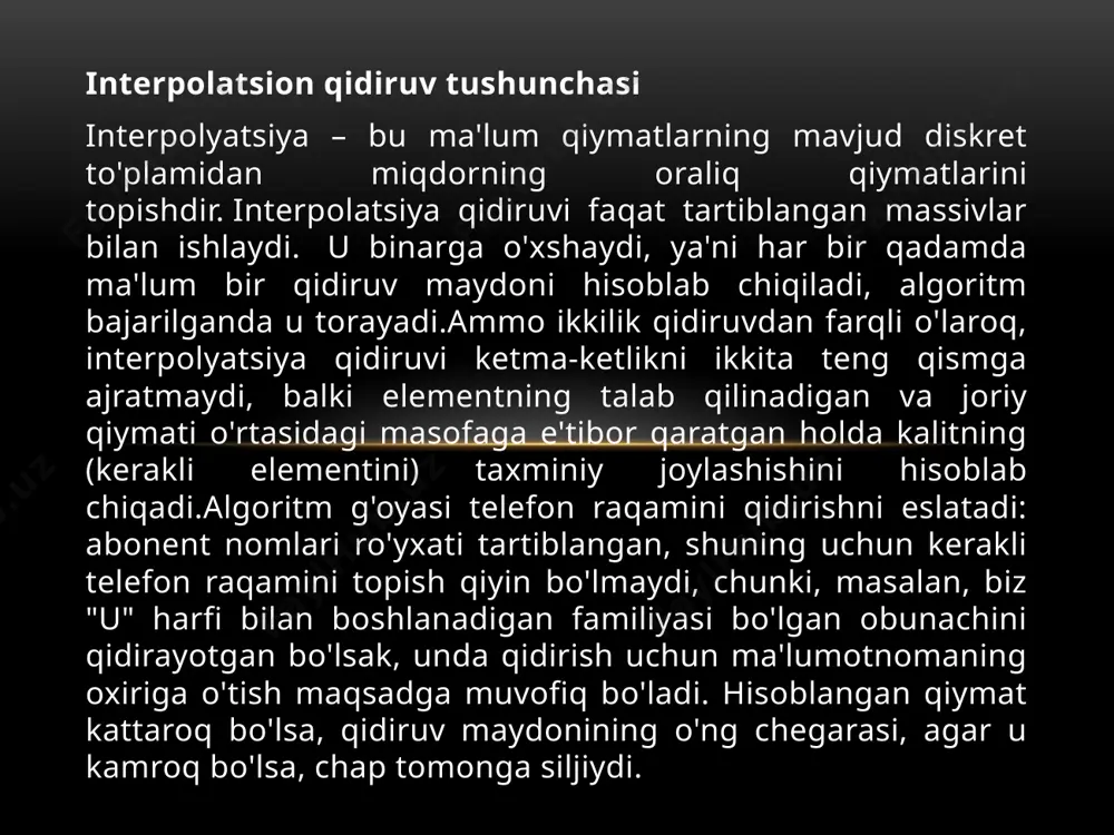 m. bunda bizga tartiblangan massiv berilgan bo`lsin. xulosa qilib shuni aytishimiz mumkinki interpolatsion qidiruvda massiv elementlari bir necha guruhlarga bo`linadi va qidirilayotgan element yo`g`i o`chiriladi. bir necha takrorlanishdan so`ng qidiruv natijasi elon qilinadi. foydalanilgan adabiyotlar m.o‘.ashurov, sh.a.sattarova, sh.u.usmonqulov. algoritmia г. -t.: «fan va texnologiya», 2018,244 bet. polatov a.m. algoritmlar va c++ tilida dasturlash asoslari. toshkent. “universitet” - 2017. 123 bet madraximov sh.f., ikramov a.m., babajanov m.r. c++ tilida programmalash bo’yicha masalalar to’plami. o’quv qo’llanma. t., o’zbekiston milliy universiteti, “universitet” nashriyoti, 2014. - 160 b holmatov tx, toyloqov ni amaliy, dasturlash va kompyuterning matematika ta'minoti. t. mexnat, 2000 y. akbaraliyev b.b., yusupova z.d., “ma’lumotlar tuzilmasi va algoritimlar”, toshkent 2013. xayitmatov o’.t., inogomjonov e.e., sharipov b.a., ro’zmetova n., rahimboboeva d,” ma'lumotlar tuzilmasi va algoritmlari”, toshkent – 2011 foydalanilgan internet saytlar wikipedia https://neerc.ifmo.ru/wiki/index.php?ti https://e-maxx.ru/algo image1.png image3.tmp image4.jpeg image5.jpeg image6.jpeg image7.jpeg