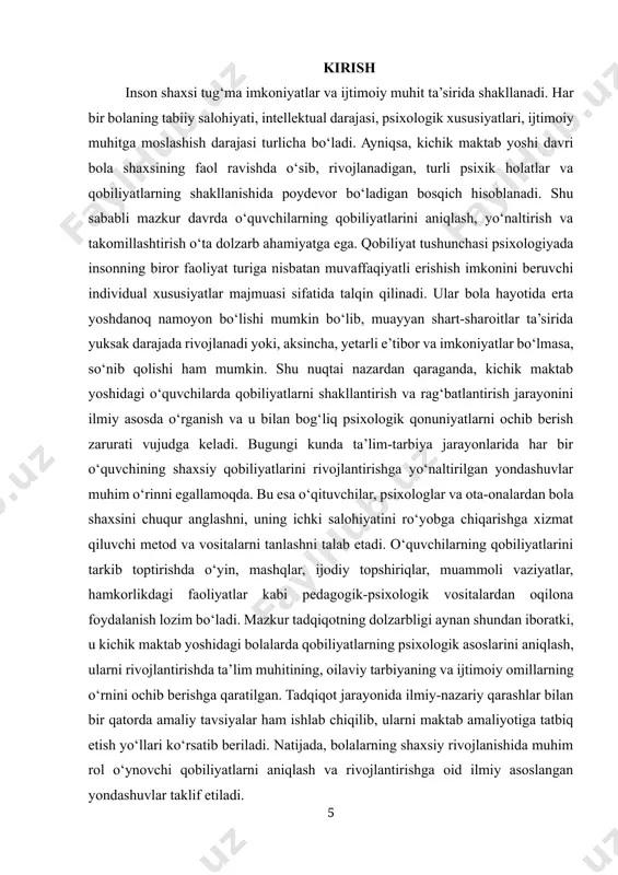 tiga tatbiq etish yo‘llari ko‘rsatib beriladi. natijada, bolalarning shaxsiy rivojlanishida muhim rol o‘ynovchi qobiliyatlarni aniqlash va rivojlantirishga oid ilmiy asoslangan yondashuvlar taklif etiladi. mavzuning dolzarbligi. bugungi kunda ta’lim-tarbiya tizimida har bir o‘quvchining shaxsiy salohiyatini aniqlash va uni to‘laqonli rivojlantirish muhim pedagogik va psixologik vazifalardan biri hisoblanadi. o‘zbekiston respublikasining “ta’lim to‘g‘risida”gi qonuni va “ilm-fan va innovatsiyalarni rivojlantirish” strategiyalarida har bir bolaga individual yondashuv asosida ta’lim berish, uning qobiliyatlarini erta aniqlab, maqsadli yo‘naltirish vazifasi ilgari surilgan. xususan, kichik maktab yoshidagi davr – bolaning shaxsiy, intellektual va ijtimoiy imkoniyatlari shakllana boshlaydigan eng muhim bosqichlardan biri bo‘lib, bu davrda qobiliyatlarning to‘g‘ri yo‘naltirilishi kelajakdagi muvaffaqiyatlarining poydevorini tashkil etadi. psixologik nuqtai nazardan qaralganda, aynan boshlang‘ich sinf davrida bolalarda diqqat, tafakkur, xotira, tasavvur kabi psixik jarayonlar faol rivojlanadi va bu jarayonlar orqali turli xil qobiliyatlar shakllanadi. agar bu salohiyatlar o‘z vaqtida aniqlanmasa yoki ularga yetarlicha e’tibor qaratilmasa, bola ichki imkoniyatlaridan to‘liq foydalana olmasligi mumkin. shu sababli o‘quvchilarning …