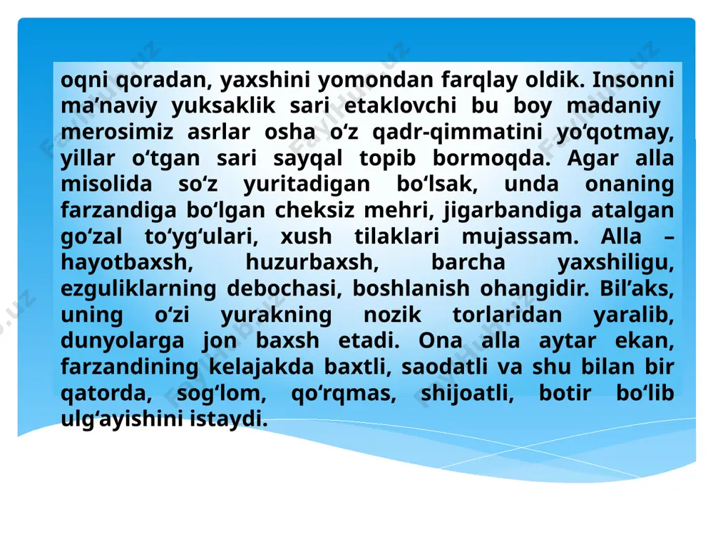 arg‘ona viloyatida xalq og‘zaki ijodining bu janridan foydalanishning o‘ziga xos maktabi yaratilgan, desak mubolag‘a bo‘lmaydi. endi keksalarimiz tomonidan aytiladigan ayrim duolar haqida to‘xtalsak. biror safarga otlanayotganimizda kattalar “oy borib, omon kel”, “yo‘ling bexatar bo‘lsin”, “olloh panohida asrasin”, deya duo qilishadi. yoxud biror xayrli yumushni bajarganimizda “boshing omon bo‘lsin”, “olganing oltin bo‘lsin”, “xonadoning farzandga to‘lsin”, deya duoga qo‘l ochishadi. albatta, ushbu ezgulikka yo‘g‘rilgan tilaklar insonga ruhiy quvvat va o‘ziga ishonch tuyg‘ularini uyg‘otadi. demak, xalq og‘zaki ijodining har bir qirrasida hayotiy haqiqat, xalqimizning orzu-istak va kechinmalari mujassamdir. yana bir haqiqat shundaki, biz hali xalq ijodiyotining barcha jihatlarini o‘rganib ulgurganimiz yo‘q. uning hali bizga notanish qirralari bisyor. hayot davom etar ekan, xalq og‘zaki ijodi ham mazmun-mohiyatini boyitib, o‘z tarbiyaviy ahamiyati jihatidan qadr topib boraveradi. o`rta osiyo xalqlari dunyodagi boshqa xalqlar qatori o`zlarining eng qadimgi va boy madniyatiga, adabiy tarixiga ega. grek, xind, xitoy, arman tarixchilarining, rus va evropa olimlarining asarlarida o`rta osiyo xalqlarining …