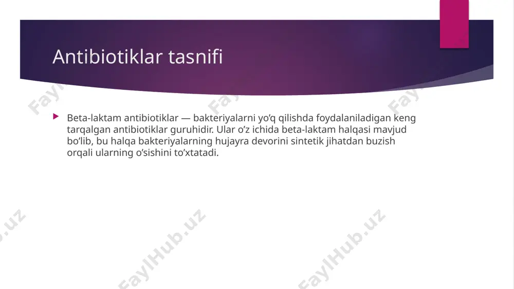 ini kuzatish zarur. shifokor tavsiyasiga muvofiq ishlatilishi lozim. fluorokinolonlar — bakteriyal infeksiyalarni davolashda qo’llaniladigan keng spektrli sintetik antibiotiklar guruhidir. ular bakteriyalar dnk sintezini toʻxtatish orqali samarali ta’sir ko’rsatadi. asosiy vakillari 1. ciprofloxacin 2. levofloxacin 3. moxifloxacin 4. ofloxacin xususiyatlari spektr: keng spektrli, gram-pozitiv va gram-negativ bakteriyalar, shuningdek, ayrim atypical patogenlarga qarshi samarali. yuqori so’rilish: oziq-ovqat bilan birga qabul qilinganida so’rilishi kamaymaydi. qo’llanilishi infektsiyalar: urin infektsiyalari, nafas olish tizimi infektsiyalari, gastrointestinale infektsiyalar, teri va yumshoq to’qimalar infektsiyalari. profilaktika: ba’zi hollarda, masalan, immuniteti past bo’lgan bemorlarda infektsiyalarni oldini olishda. asoratlari allergik reaktsiyalar (masalan, toshma). qorin og’rig’i, diareya, va boshqa ovqat hazm qilish tizimi muammolari. tendinit va tendinopatiya (qo’l va oyoq tendinlarida og’riq). yurak ritmida o’zgarishlar. e’tibor fluorokinolonlarni qo’llashda ehtiyotkorlik zarur, chunki ularda muayyan asoratlar va qiyinchiliklar bo’lishi mumkin. shifokor tavsiyasiga muvofiq ishlatilishi lozim, ayniqsa, uzoq muddatli davolashda. glikopeptid antibiotiklar — bakteriyal infeksiyalarni davolashda qo’llaniladigan antibiotiklar guruhidir. ular asosan gram-pozitiv bakteriyalar, jumladan, ko’plab …