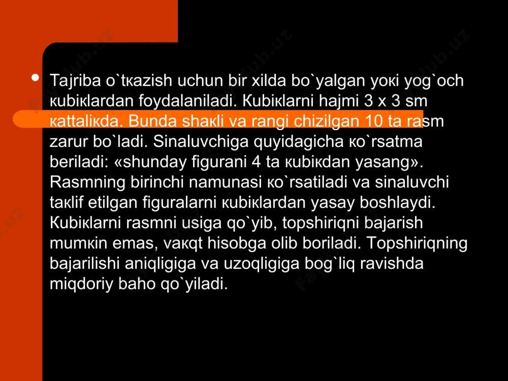diqqatning hatosi deganda tekshiriluvchining tavsiya qilingan qo`zgovchini idrok qilishda yuz bergan yanglishlik (illyuziya) tavsiya qilingan harflar orasida yo`q bo`lganlarini bor deb idrok qilishi tushuniladi. mazkur tajribada bu harf «h»dir. diqqatning aniqligi 2 raqami bilan belgilanadi, chunki faqat ikki holatdagina izchillik ro`y bergan; «3» harfi kartochkadagi harflar ratorida birinchi o`rinda ko`rsatilgan; «l» harfi «s»dan keyin joylashgan edi, tekshiriluvchi ham uni huddi shunday tartibda qayd qilgan. diqqat ko`lamining miqdori nomlari to`gri topilgan harflarning soni (mazkur holda 5 ta) katta odamlar uchun 3—5 undosh harflar bilan belgilangan. tadqiqotchi tekshiriluvchilar bilan 5 ta tajriba o`tkazib, hosil bo`lgan natijalarni chizma tasvirdagi qarorning har bir kataklari grafasi bo`yicha hisoblab chiqadi hamda jamlangan raqam (yigindi)ni o`tkazilgan tajribalar soniga bo`ladi. shunday qilib, diqqatning hajmi, aniqligi va hatosiga oid o`rtacha arifmetik qiymatni belgilab chiqadi. tadqiqotning maqsadi: roraqizil rangli raqamlardan tuzilgan jadval yordamida diqqatning ko`chish hususiyatini tekshirish. tadqiqot uchun zarur asbob va jihozlar: sekundomer va rang jihatidan biryobiriga uygun bo`lmagan, …