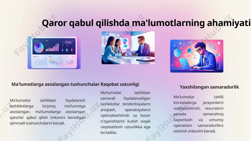 i o'rnatish, turli xil ma'lumotlar manbalarini birlashtirish va ma'lumotlarni tozalash va tekshirish kabi jarayonlar orqali ma'lumotlar sifati va yaxlitligini ta'minlashni o'z ichiga olishi mumkin. 4 ma'lumotlarni tozalash va oldindan qayta ishlash 1 ma'lumotlar yig'ish turli manbalardan ma'lumotlarni to'plang 2 ma'lumotlarni tekshirish yo'qolgan qiymatlarni, chetga chiqishlarni va nomuvofiqliklarni aniqlang va hal qiling 3 ma'lumotlarni o'zgartirish tahlil qilish uchun ma'lumotlarni standartlashtirilgan formatga aylantiring ma'lumotlarni samarali tozalash va oldindan qayta ishlash analitik jarayondagi muhim qadamdir. bu xom ma'lumotlarni sinchkovlik bilan o'rganish, etishmayotgan qiymatlar yoki formatlash nomuvofiqliklari kabi muammolarni aniqlash va hal qilish va ma'lumotlarni samarali tahlil qilinadigan izchil, yuqori sifatli formatga aylantirishni o'z ichiga oladi. ma'lumotlarni to'g'ri tayyorlash aniq va ishonchli tushunchalar uchun asos yaratadi. 5 tekshirish ma'lumotlarini tahlil qilish 1 ma'lumotlarni tekshirish ma'lumotlar to'plamini diqqat bilan o'rganib chiqing, uning tuzilishi, o'zgaruvchilari va etishmayotgan qiymatlar yoki chegaralar kabi potentsial muammolarni tushunish. 2 bir o'zgaruvchan tahlil alohida o'zgaruvchilarni ularning taqsimlanishini, markaziy tendentsiyalarini va tarqalishini …