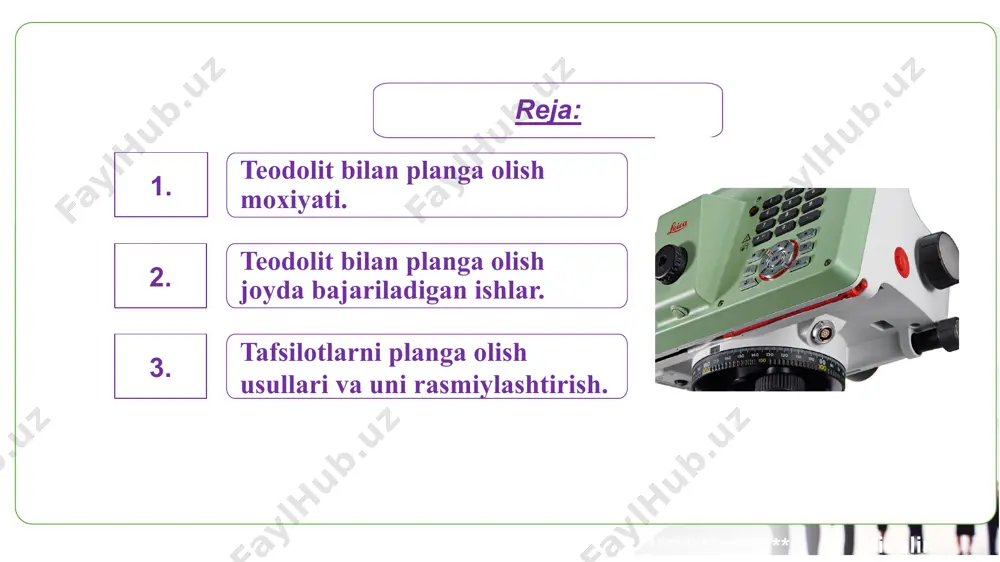 rchak uchlarining koordinatalari topiladi. teodolit yo‘li ochiq poligon va yopiq poligon ko‘rinishida bo‘lishi mumkin. teodolit yo‘lini o‘tkazish vaqtida bajariladigan ishlar: teodolit yo‘lini loyihasini tuzish. rekognossirovka. teodolit yo‘li punktlarini joyda belgilash. teodolit yo‘lini o‘tkazish vaqtida o‘lchash ishlari. o‘lchash natijalarini ishlab chiqish va teodolit yo‘li punktlarining koordinatalarini aniqlash. teodolit yo‘li loyihasini tuzish. teodolit yo‘li loyihasi yirik masshtabli topografik karta yoki plan asosida tuziladi. loyihani tuzishda quyidagilarga e’tibor berilishi lozim: teodolityo‘li maqsadga muvofiq bo‘lishi lozim, teodolit yo‘li turli maqsadlarda o‘tkazilganligidan, unga qo‘yilgan talablar ham turlicha bo‘ladi; teodolit yo‘lini o‘tkazish vaqtida o‘lchash natijalarini tekshirish va ularga baxo berish uchun teodolit yo‘li, triangulyasiya, poligonometriya umuman planli koordinatalari ma’lum bo‘lgan punktlarga bog‘lanish yoki yopiq poligon va tugun punktlar hosil qilishi kerak; teodolityo‘lining har tomoni 350 metrdan uzun, o‘zlashtirilgan joyda 20 metrdan, o‘zlashtirilmagan joyda 40 metrdan qisqa bo‘lmasligi kerak. boshlang‘ichva oxirgi punktlar hamda tugun punktlar oralig‘i belgilangandan uzun bo‘lmasligi kerak. rekognossirovka.teodolit yo‘lining loyihasi tasdiqlangandan so‘ng topografik plan …