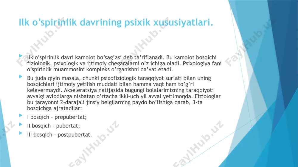 , ular haotiy rejalarini amalga oshirish uchun harakat qila boshlaydi va muhim bir kasbni egallay boshlaydi nerv sistemasining va xususan, miya rivojlanishidagi o’zgarishlar ma’lum bo’lib qoladi. lekin, bu o’zgarishlar miya massasining ortishi hisobiga emas, balki miyaning ichki xujayralari tuzilishining murakkablashuvi hisobiga ro’y beradi. bosh miya po’stining qismlarida assotsiativ to’qimalarning miqdori ko’payadi. natijada o’qish va mehnat jarayonida katta (yarim shar) qatlamining analitik-sintetik faoliyati murakkablashadi. jinsiy yetilish muddati irqiy va milljy xususiyatlarga va iqlimga bog’liq bo’lmaydi. kasb tanlash haqida o’ylay boshlaydilar. lekin, shunga qaramay o’spirinlarda kattalarga qaramlik xususiyatlari saqlanib qoladi. o’spirinlar (16-18 yoshlar) o’zlarining psixologik xususiyatlari bilan boshqa yosh davrdagi bolalardan keskin farq qiladilar. jismoniy hamda aqliy jihatdan voyaga yetgan, kamolotga erishgan, dunyoqarashi, o’z-o’zini boshqarishi kabi yetuk insoniy xususiyatlari tarkib topgan bo’ladi. ular vazmin, mulohazali bo’ladilar, katta yoshdagilarga hurmat-ehtirom bilan qaraydilar. ular uzoqni ko’zlaydigan, kelajak uchun qayg’uradigan, ota-onalarining yaqin yordamchisiga aylanadilar. o’quv faoliyati o’spirinning asosiy faoliyati bo’lib qolaveradi, o’qishga nisbatan o’smirlik yoshiga …