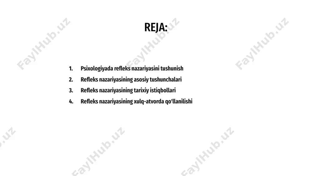 ya xatti-harakatlar reflekslar va instinktlar tomonidan boshqariladi, deb ta'kidlaydi, bu xatti-harakatni shakllantirishda tug'ma reaktsiyalarning muhimligini ta'kidlaydi. bu zamonaviy psixologiya tadqiqotlari va nazariyalariga ta'sir qilishda davom etmoqda. psixologiyadagi refleks nazariyasi xatti-harakatlarning ogohlantirishlarga avtomatik javob ekanligini ko'rsatadi. turli vaziyatlarda instinktiv reaktsiyalarni tushunishda qo'llaniladi. 01 jang yoki parvoz kabi xulq-atvor reaktsiyalarini refleks nazariyasi orqali tushuntirish mumkin. reflekslarni tushunish psixologlarga odamlarning muayyan sharoitlarda qanday munosabatda bo'lishini taxmin qilishlariga yordam beradi. 02 xulq-atvorda refleks nazariyasini qo'llash xulq-atvorni o'zgartirish usullari va terapevtik aralashuvlarni o'z ichiga oladi. psixologlar refleksli javoblarni tan olish orqali odamlarga salbiy naqshlar va qo'zg'atuvchilarni engishga yordam beradi. 03 refleks nazariyasining xulq-atvorda qo'llanilishi psixologiyada refleks nazariyasining tanqidlari psixologiyadagi refleks nazariyasi xatti-harakatlar stimullarga avtomatik javob berish orqali boshqariladi, deb ta'kidlaydi. tanqidchilarning ta'kidlashicha, u kognitiv jarayonlarni e'tiborsiz qoldirib, inson xatti-harakatlarini soddalashtiradi. 02 tanqidlar shuni ko'rsatadiki, refleks nazariyasi individual farqlarni va ijtimoiy va atrof-muhit omillarining xatti-harakatlarga ta'sirini hisobga olmaydi. shuningdek, u xatti-harakatni shakllantirishda o'rganishning rolini e'tiborsiz qoldiradi. …