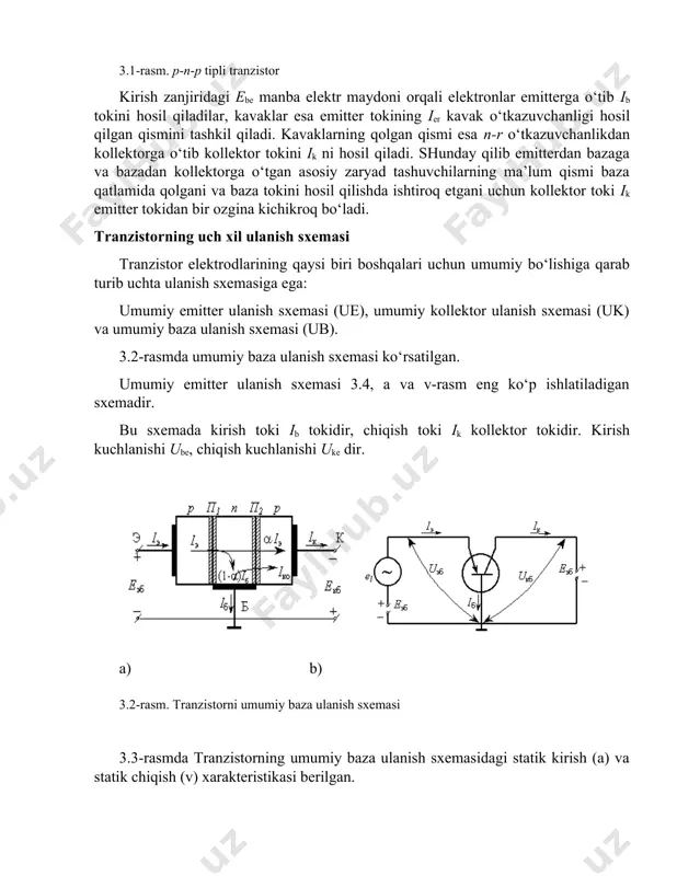 ektorga o‘tgan asosiy zaryad tashuvchilarning ma’lum qismi baza qatlamida qolgani va baza tokini hosil qilishda ishtiroq etgani uchun kollektor toki ik emitter tokidan bir ozgina kichikroq bo‘ladi. tranzistorning uch xil ulanish sxemasi tranzistor elektrodlarining qaysi biri boshqalari uchun umumiy bo‘lishiga qarab turib uchta ulanish sxemasiga ega: umumiy emitter ulanish sxemasi (ue), umumiy kollektor ulanish sxemasi (uk) va umumiy baza ulanish sxemasi (ub). 3.2-rasmda umumiy baza ulanish sxemasi ko‘rsatilgan. umumiy emitter ulanish sxemasi 3.4, a va v-rasm eng ko‘p ishlatiladigan sxemadir. bu sxemada kirish toki ib tokidir, chiqish toki ik kollektor tokidir. kirish kuchlanishi ube, chiqish kuchlanishi uke dir. a) b) 3.2-rasm. tranzistorni umumiy baza ulanish sxemasi 3.3-rasmda tranzistorning umumiy baza ulanish sxemasidagi statik kirish (a) va statik chiqish (v) xarakteristikasi berilgan. a) b) 3.3-rasm. tranzistorning umumiy baza ulanish sxemasi: a) statik kirish harakteristikasi; b) statik chiqish harakteristikasi 3-rasmda tranzistorning umumiy emitter ulanish sxemasi uchun statik kirish (a) va statik chiqish …