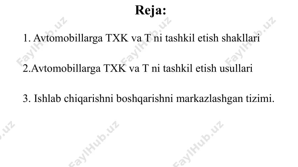 hi, agregat bo‘yicha mahkamlash ishlarini bajarsa, ikkinchisi uni rostlaydi, uchinchisi moylaydi va hakazo shuning uchun agregat ishlamay qolganda uning ishonchliligi pasayishiga aybdorni topish qiyin bo‘ladi. 2. majmua (kompleks) brigadalar usuli ishlab chiqarish bo‘linmalarining predmetli ixtisoslashuvi belgilariga qarab tashkil qilishni ko‘zda tutadi ya‘ni brigadaga ma‘lum avtomobillar guruhi biriktirib qo‘yiladi. brigada o‘ziga biriktirilgan avtomobillar guruhda 1-txk, 2-txk va jt ishlarini bajaradi, kx, tashxislash va agregatlarni ta`mirlash markazlashgan holda bajariladi. ishni majmuaviy brigadalar usuli bo‘yicha tashkil qilishda avtomobil transporti korxonasi muhandis-texnika xizmati tuzilmasi 2-rasmda ko‘rsatilgan. brigadaga biriktirilgan ishlarni bajarish uchun majmua brigadalar turli kasbdagi ijrochilar bilan to‘ldiriladi. atk muhandis texnika xizmatining ishlab chiqarih bo‘linmalari kunlik xizmat ko‘rsatish brigadasi tashxislash uchastkasi 1-txk, 2-txk va jt bo‘yicha №1 brigada 1-txk, 2-txk va jt bo‘yicha №1 brigada ……… agregatlarni ta`mirlash va ustaxonalarda bajariladigan boshqa ishlar bo‘yicha ijrochilar 2- rasm. ishlab chiqarishni majuaviy brigadalar usuli bo‘yicha tashkil qilinganda atk muhandis-texnika xizmatining tuzilmasi bunda har bir brigada, o‘ziga …