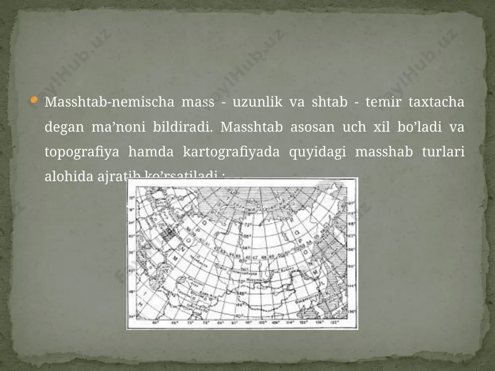 i.ular rus alifbosining 4ta bosh harflari, ya’ni a б в г harflari bilan belgilanadi.bu kartalar kenglik bo’yicha 20 , uzunlik bo’yicha 30 ga teng (k-42-г). 1:1000000 masshtabli karta varag’ini meridianlar va parallelar bo’yicha teng uchga bo’lsak,9 ta 1: 300000 masshtabli karta varaqlari hosil bo’ladi va ular rim raqamlari bilan belgilanadi.masalan (iv-k-42) 1:1000000 masshtabli karta varag’ini meridianlar va parallelar bo’yicha teng oltiga bo’lsak, 36 ta 1: 200000 masshtabli karta varag’i hosil bo’ladi bunday kartalarni nomenklaturasida oxirgi qismida rim raqamlari bilan belgilanadi. masalan (k-42-x) xulosa kartografiyada mantiqiy darajada bajariladigan mashq va masalalar turiga kartografik antipodni aniqlashga doir masalalar ham kiradi va bunday masalalar fan olimpiadalarida ham tez-tez uchrab turadi. image3.png image4.png image5.png image6.png image7.png image8.png image9.png image10.png image11.png image12.png image13.png