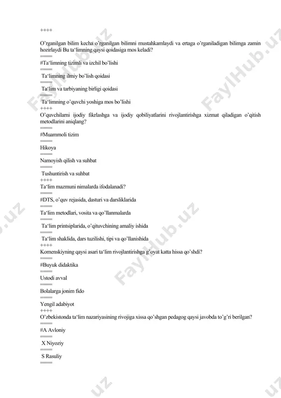 i javobda to’g’ri berilgan? ==== #a avloniy ==== x niyoziy ==== s rasuliy ==== u.nosir ++++ bilish nimadan boshlanadi? ==== # sezishdan ==== idrokdan ==== ko’rishdan ==== tushunishdan ++++ quyida keltirilgan mutafakkirlardan kimlar inson kamolotini ilm-fan va tarbiyada deb bilganlar? ==== #forobiy, beruniy, ibn sino, navoiy ushinskiy, forobiy, beruniy, pestalotstsi ==== ushinskiy, forobiy, beruniy, pestalotstsi ==== navoiy, xamza, avloniy, furqat ==== komenskiy, ibn sino, farg’oniy, zavqiy ++++ tarbiya jarayoni qanday jarayon? ==== #tarbiyachi va tarbiyalanuvchi faoliyatlarini o’z ichiga olgan ikki yoqlama jarayon ==== tarbiyachi va tarbiyalanuvchi qatnashadigan jarayon ==== tarbiyachi bevosita tashkil etadigan, ko’p qirrali qatnashadigan jarayon ==== ta‘lim-tarbiya ishini muvaffaqiyatli amalga oshiradigan jarayon ++++ «metod» so’zining lug’aviy ma‘nosini ko’rsating? ==== #«metod» grekcha so’z bo’lib, yo’l, usul demakdir ==== «metod» yunoncha so’z bo’lib, «uslubiyat» ma‘nosini bildiradi ==== «metod» lotincha so’z bo’lib, «vositachi» ma‘nosini bildiradi ==== «metod» inglizcha so’z bo’lib, «yul ko’rsatuvchi» degan ma‘noni bildiradi ++++ tarbiyaning maqsadi nima? ==== #barkamol, …