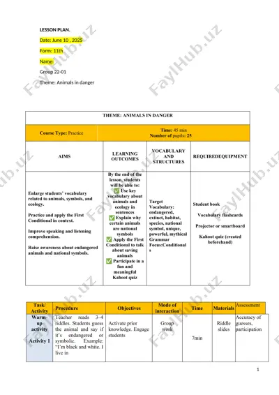 animals in danger lesson plan — DOCX